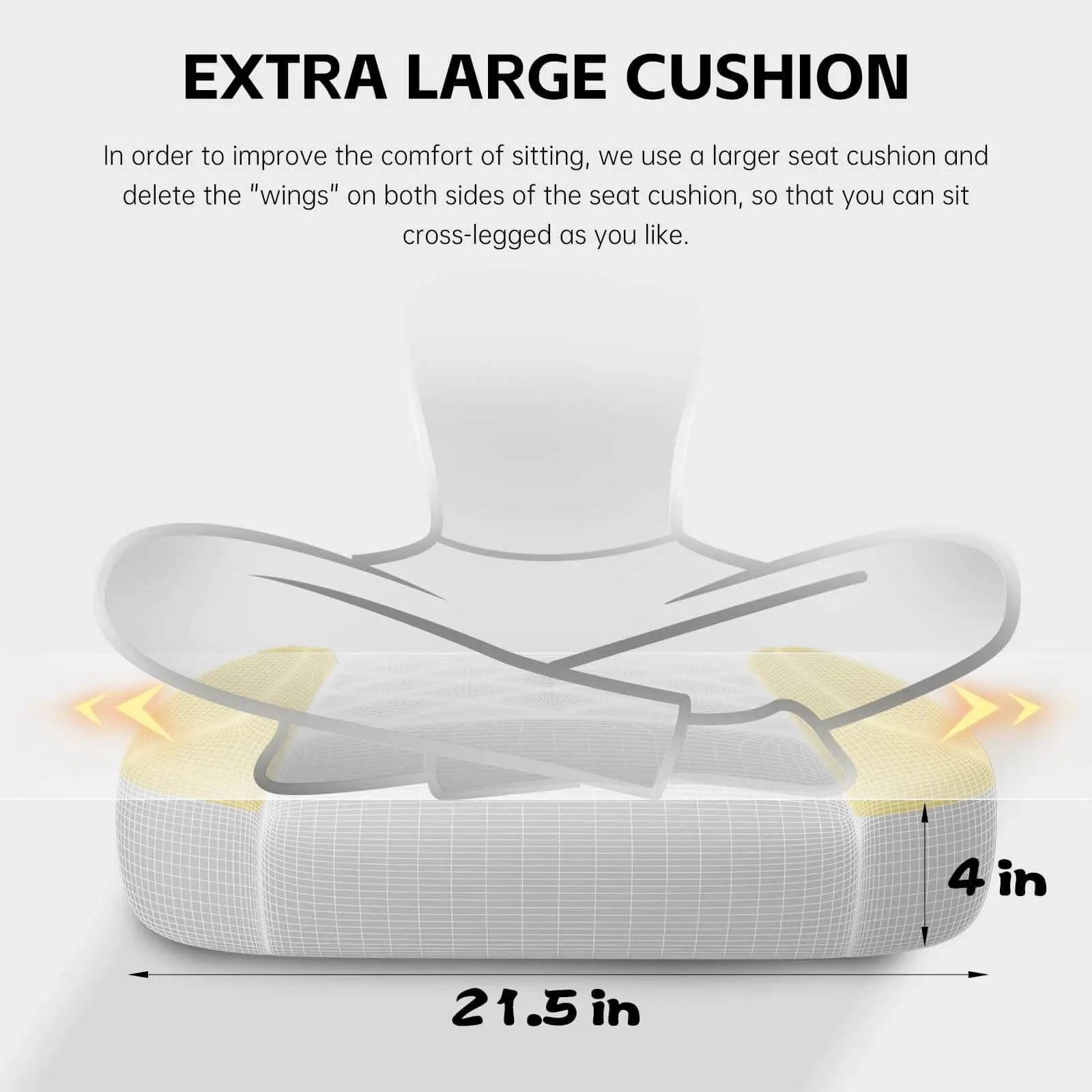 Extra large cushion measuring 21.5 by 4 inches on ergonomic gaming chair for adults for improved sitting comfort