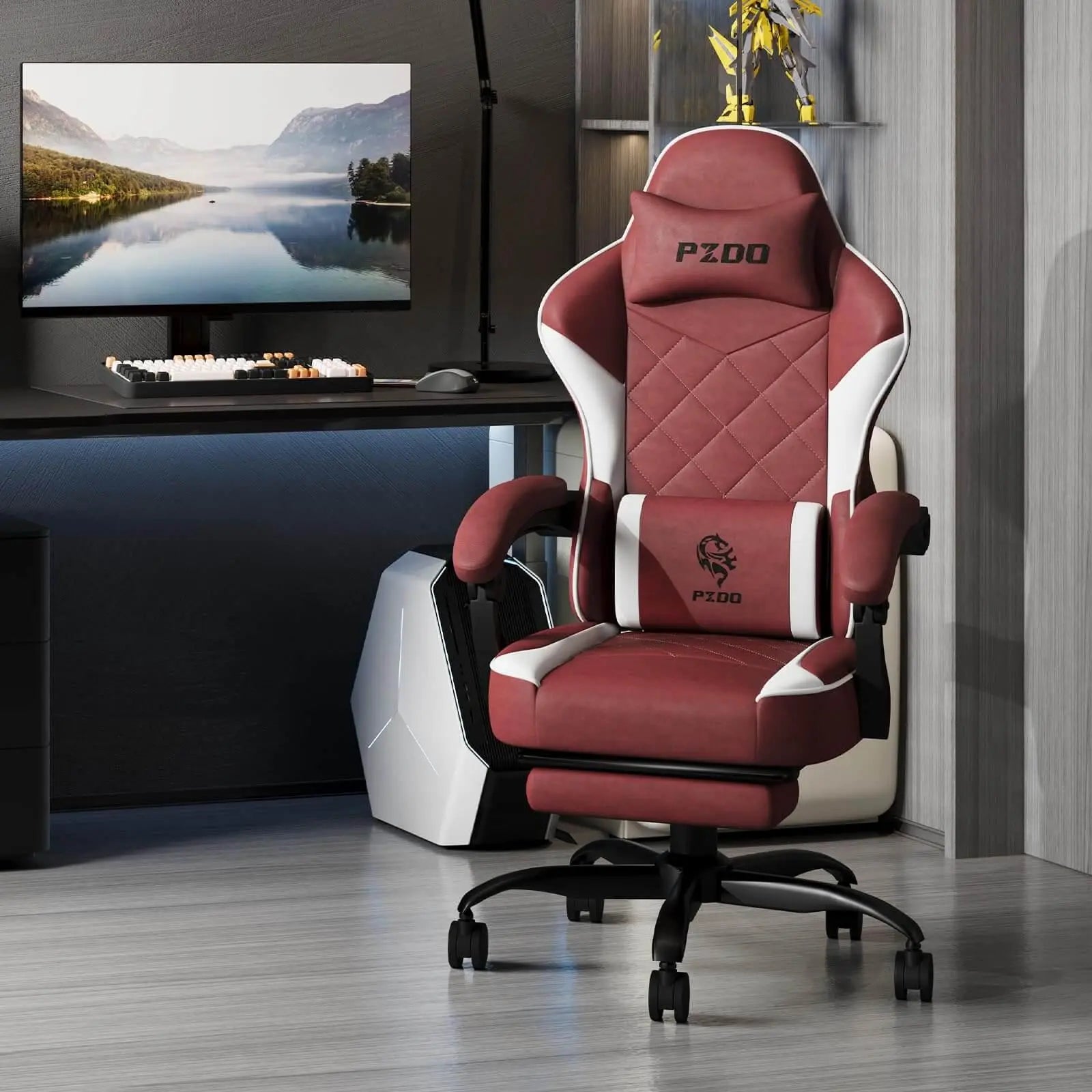 Craques ergonomic gaming chair for adults in red and white with cushioned armrests and lumbar support