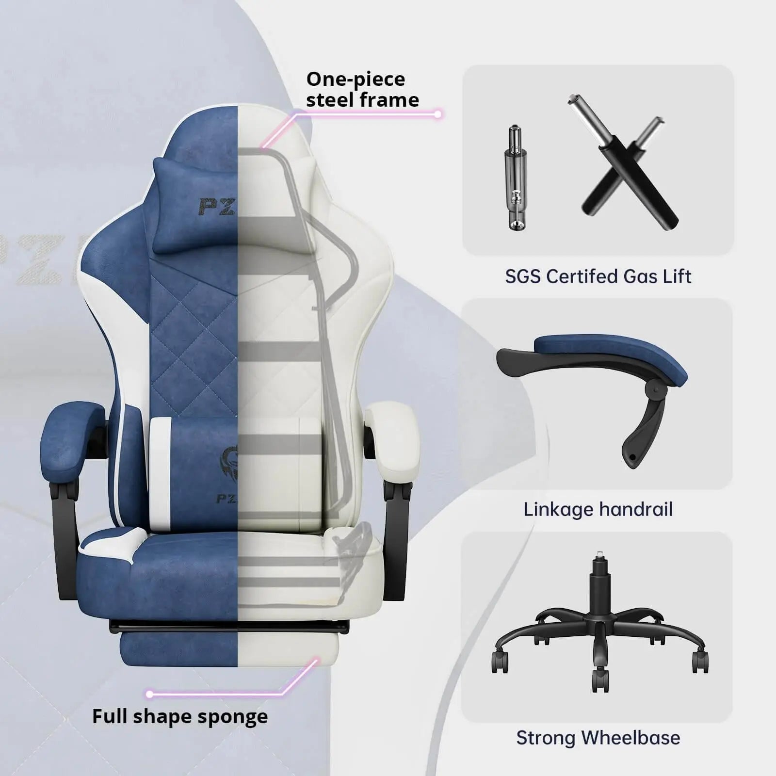 Ergonomic gaming chair for adults with one-piece steel frame, SGS certified gas lift, linkage handrail, full shape sponge, and strong wheelbase