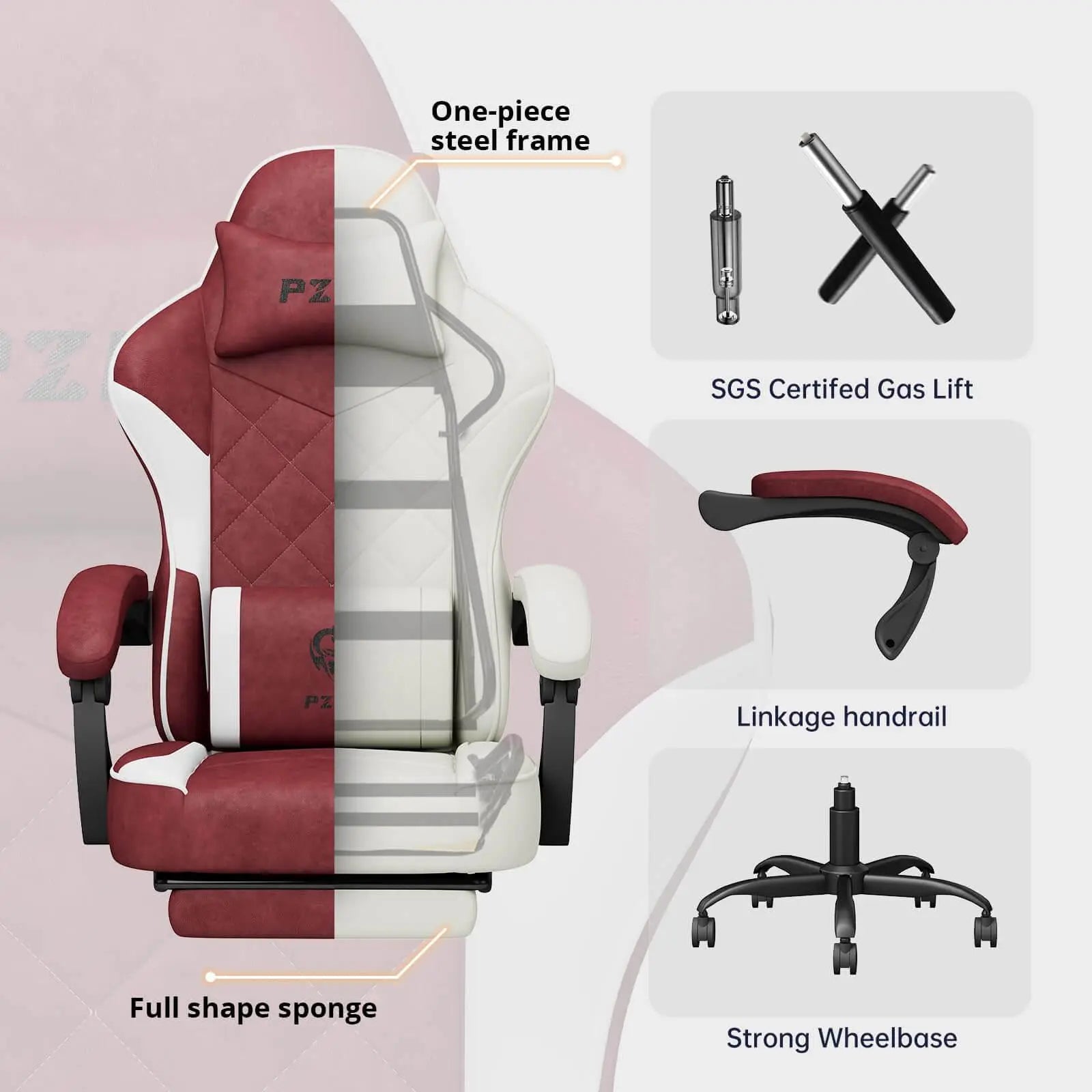 Ergonomic gaming chair for adults by craques with one-piece steel frame, SGS certified gas lift, linkage handrail, and strong wheelbase