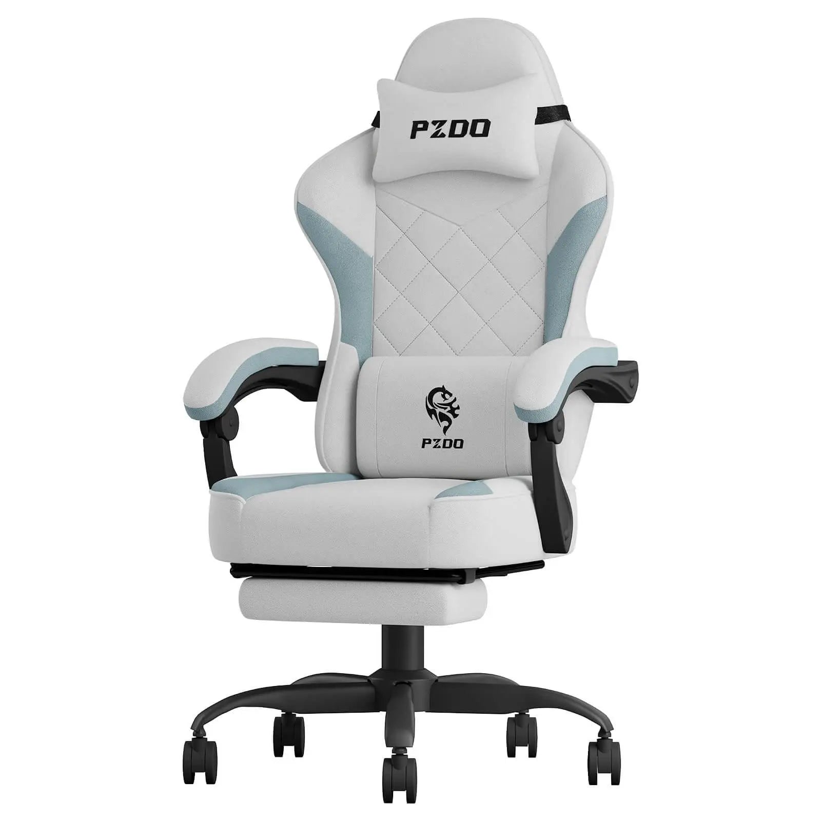 Craques ergonomic gaming chair for adults in white and light blue with adjustable headrest and footrest