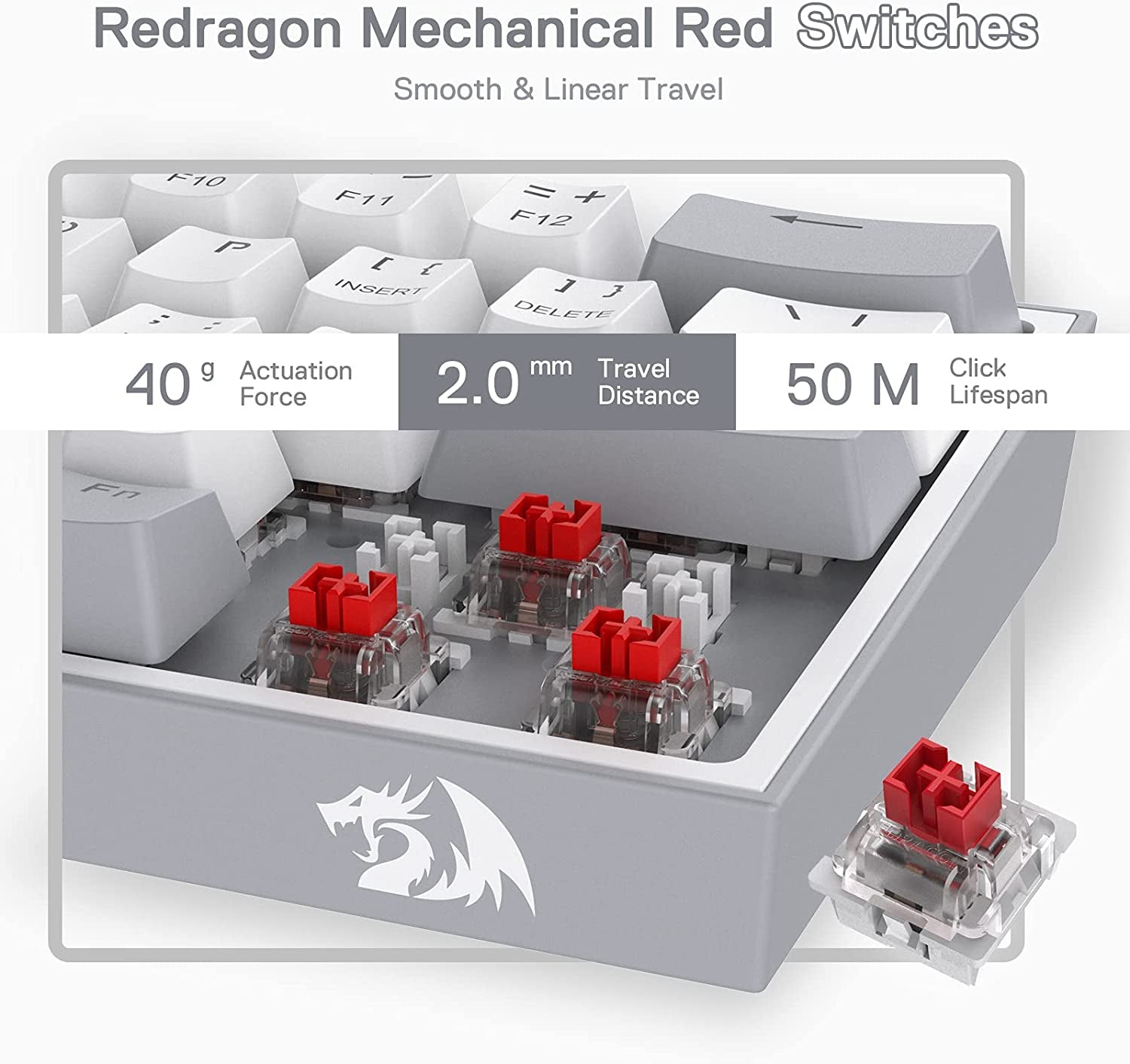 60% mechanical gaming keyboard with Redragon mechanical red switches featuring 40g actuation force and 50 million click lifespan