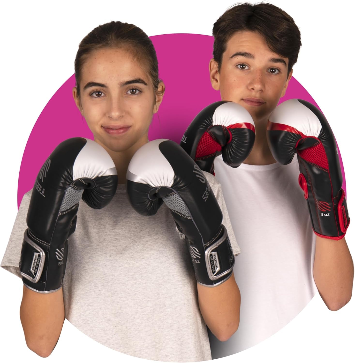 Two young athletes wearing black and red gel boxing gloves for men and women by craques