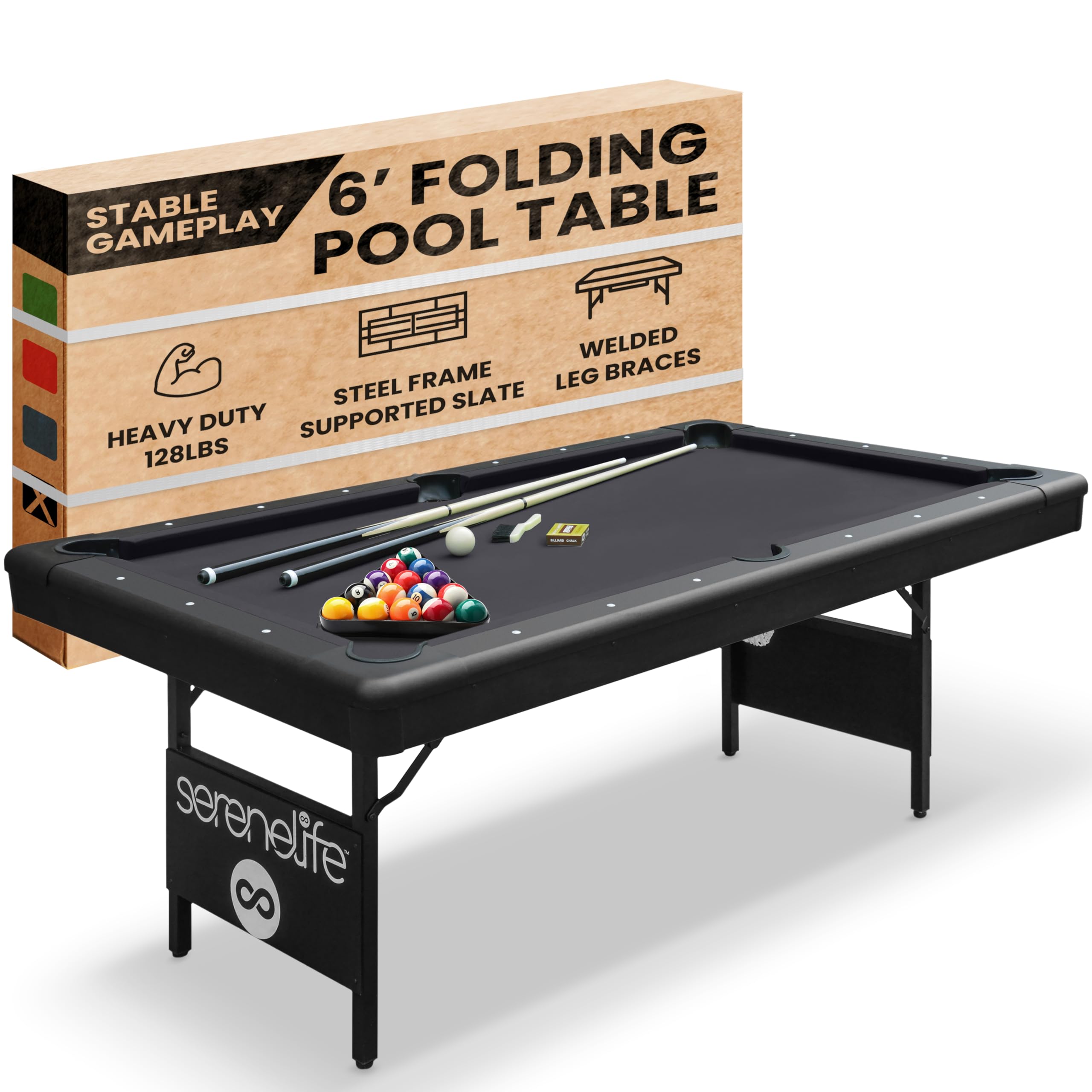 Foldable pool table for home 6 foot black with steel frame and heavy-duty legs with pool cues and balls