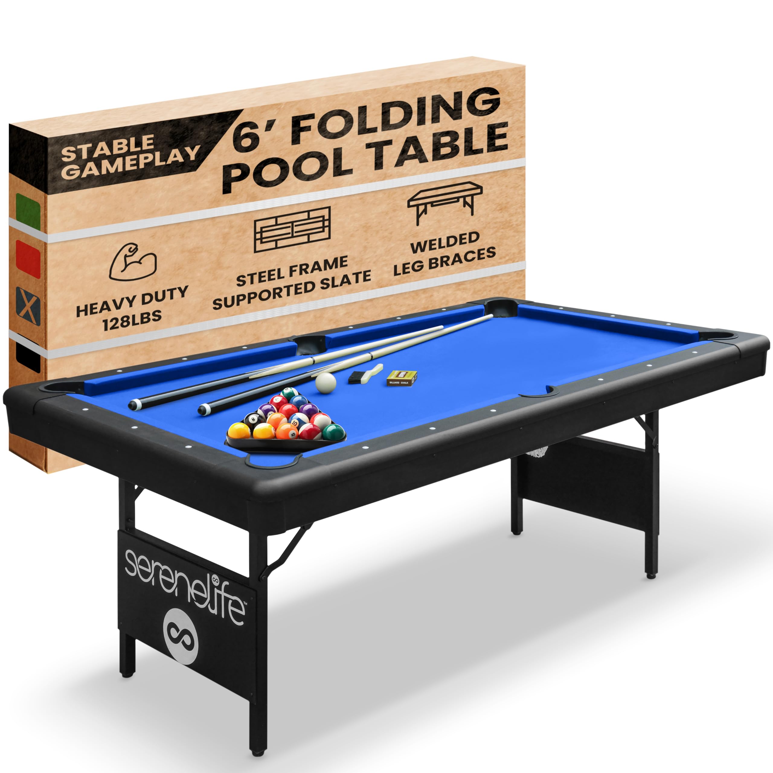 Craques foldable pool table for home with blue felt, steel frame, and folding legs for stable gameplay