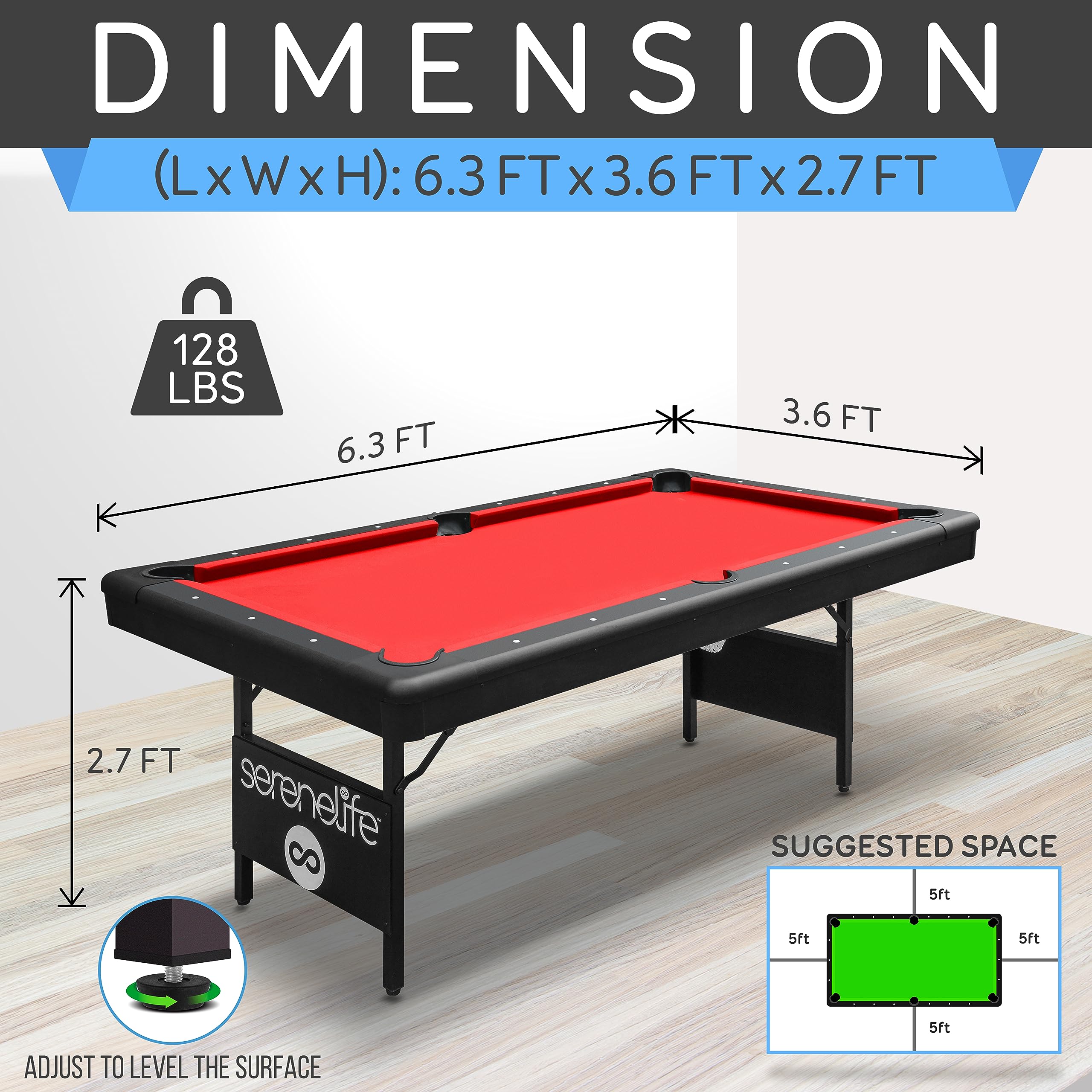 Craques foldable pool table for home with red felt surface and black frame measuring 6.3 by 3.6 by 2.7 feet