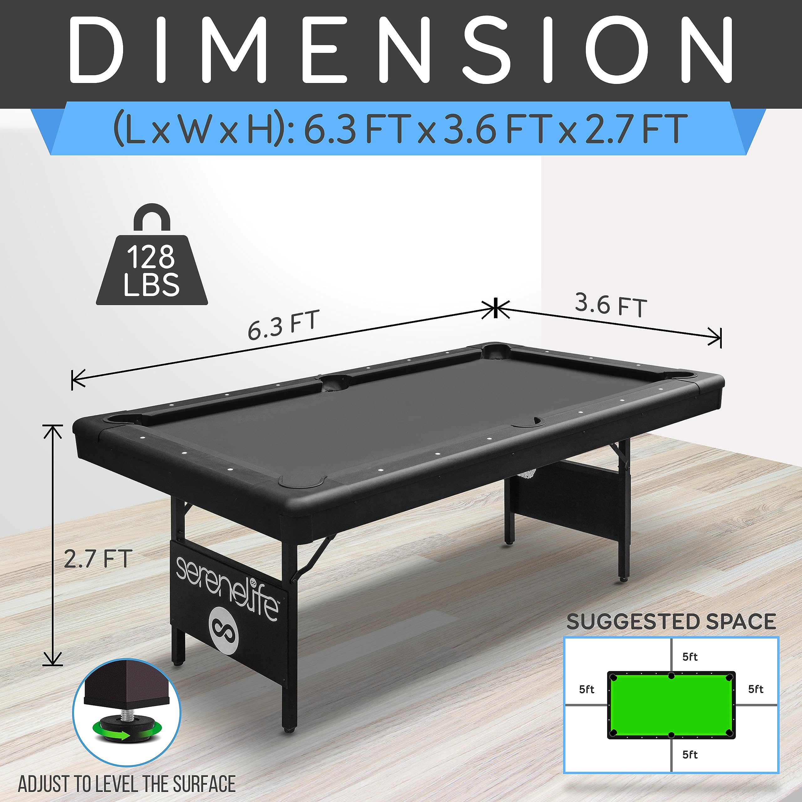 Craques foldable pool table for home in black with dimensions 6.3 by 3.6 by 2.7 feet and adjustable legs