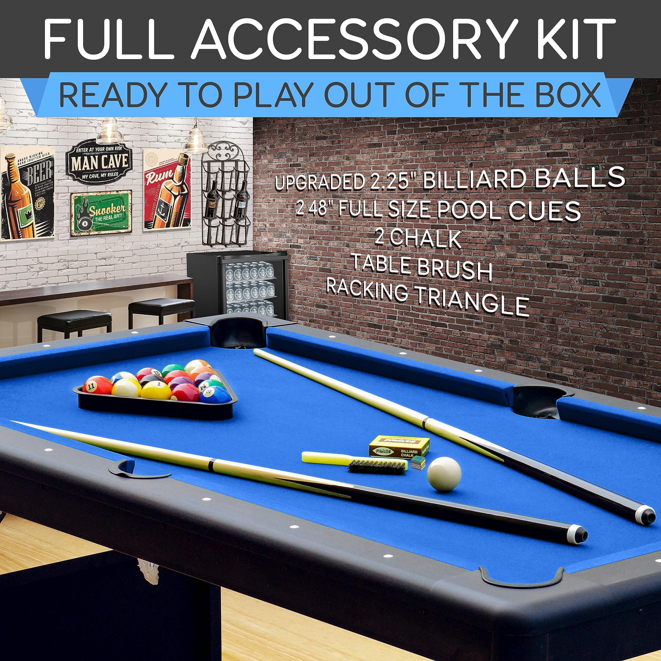 Foldable pool table for home with full accessory kit including billiard balls, pool cues, chalk, brush, and triangle rack