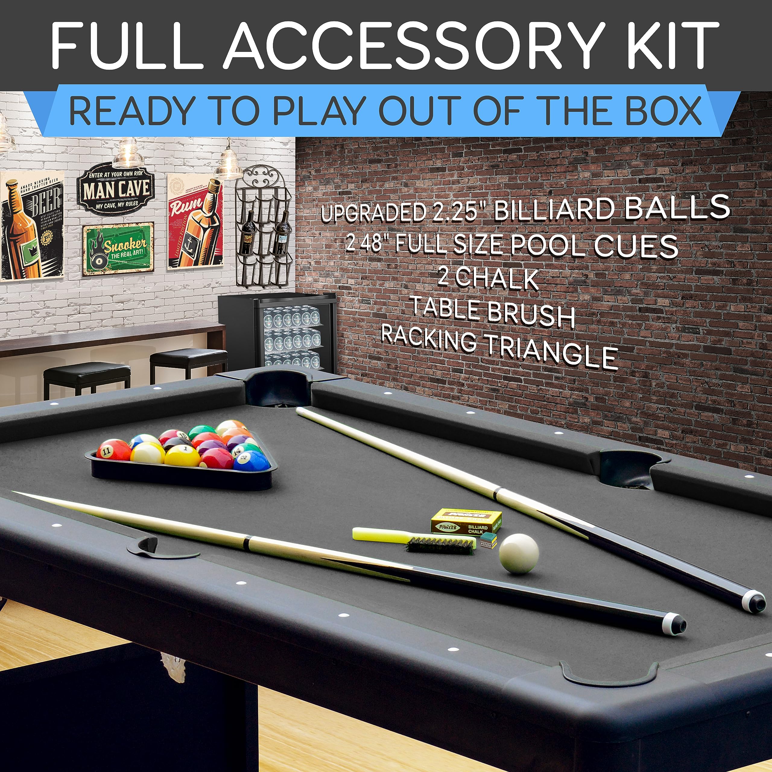 Foldable pool table for home with full accessory kit including billiard balls, cues, chalk, brush, and racking triangle