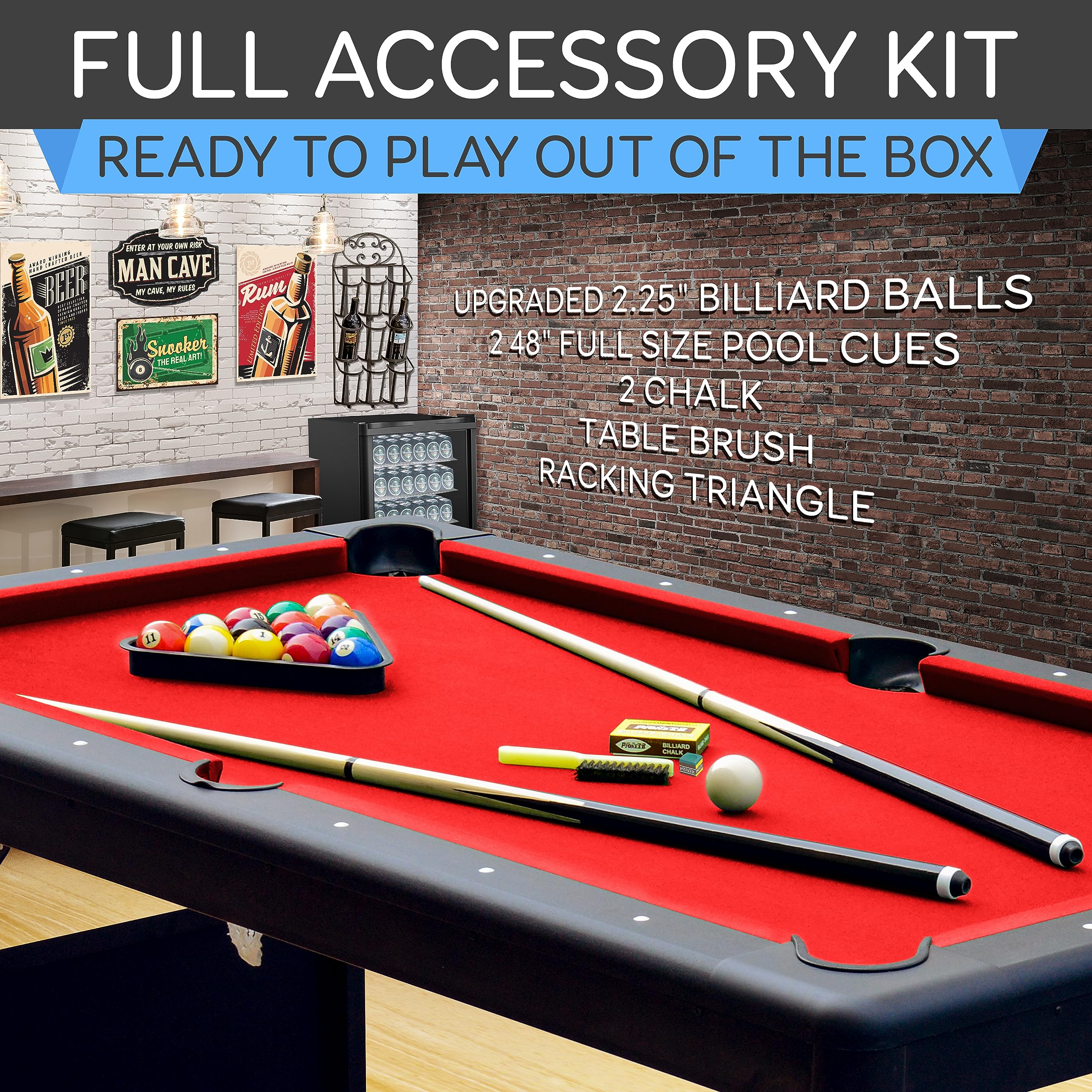 Craques foldable pool table for home with red felt, full accessory kit including cues, balls, chalk, brush, and triangle