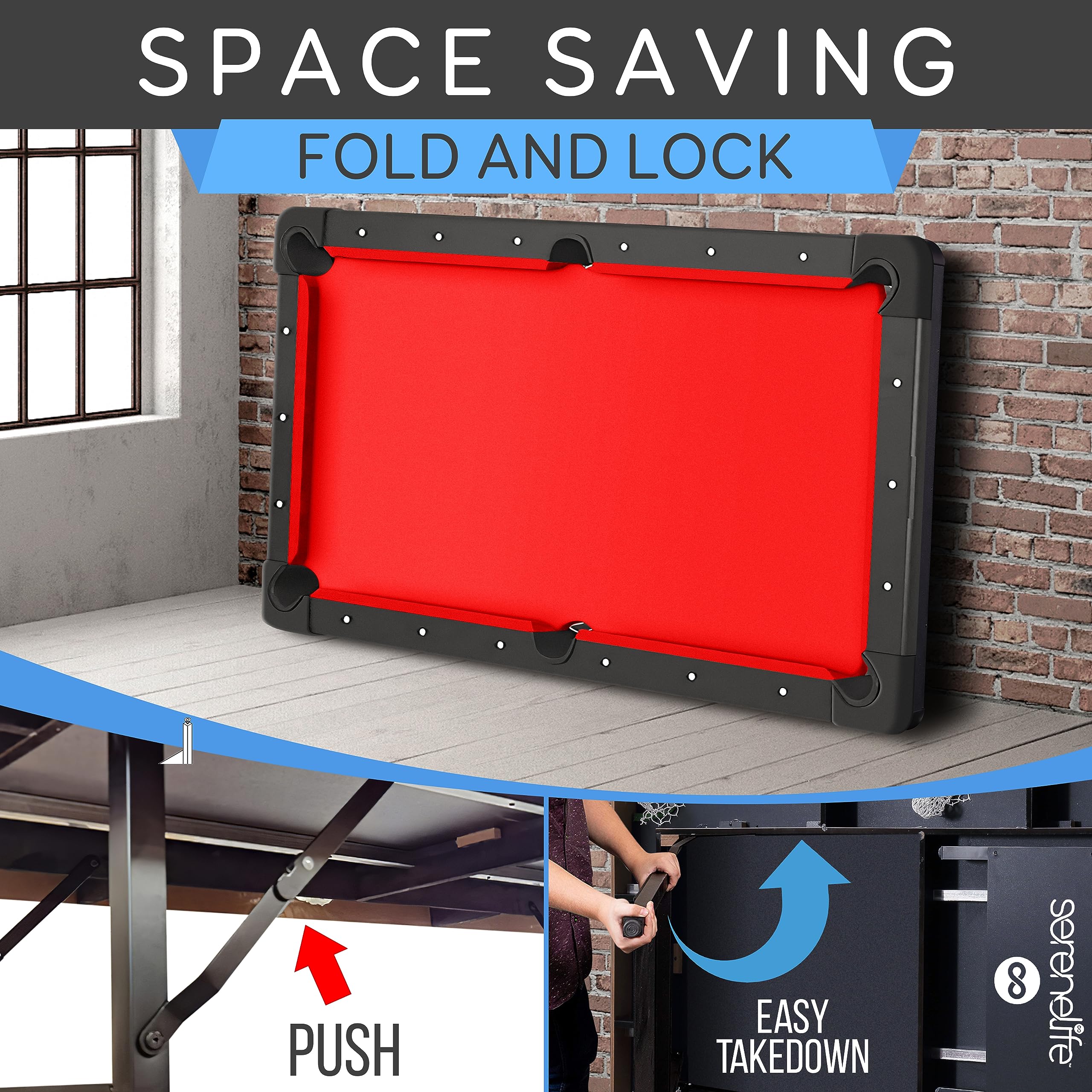 Craques foldable pool table for home with red felt showing fold and lock space-saving design