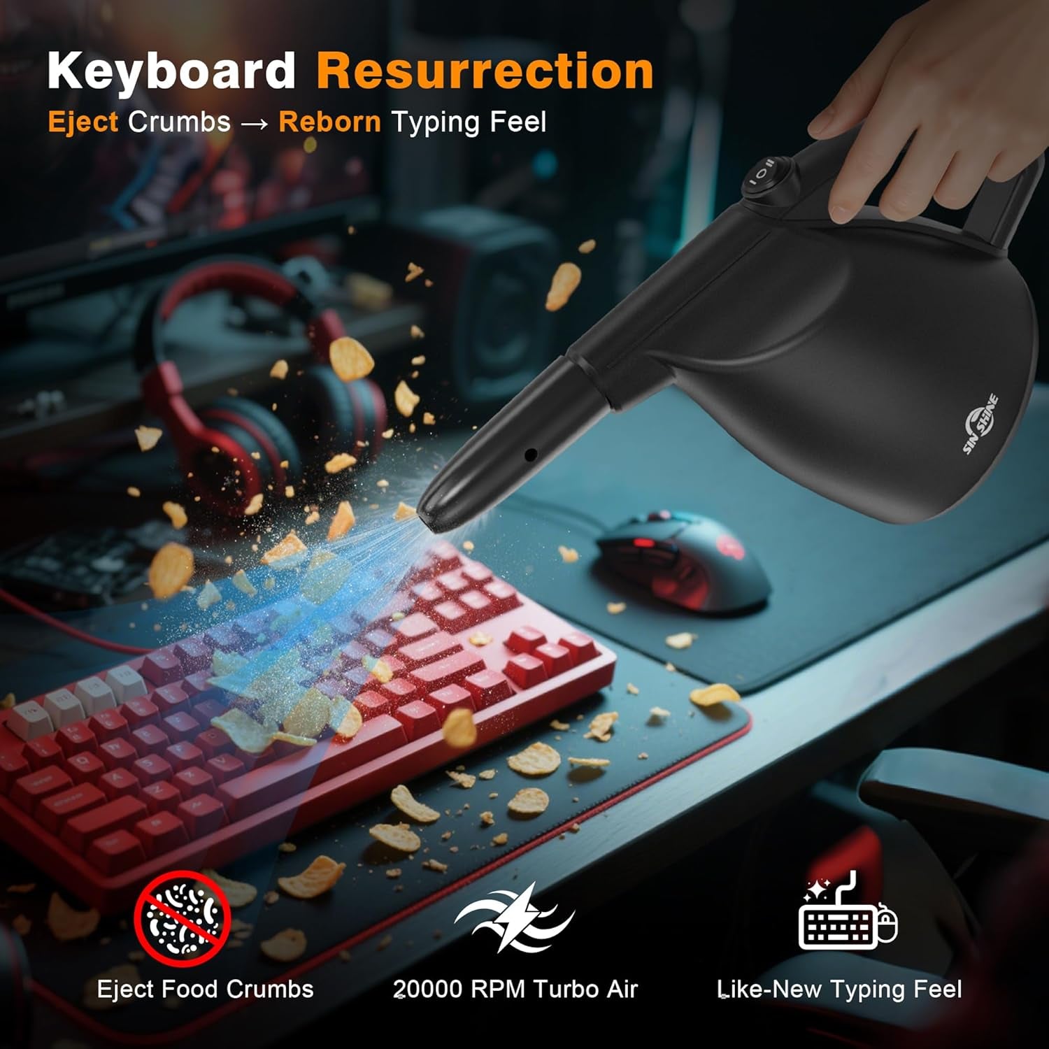Craques electric air duster for electronics blowing crumbs off a red keyboard for cleaning
