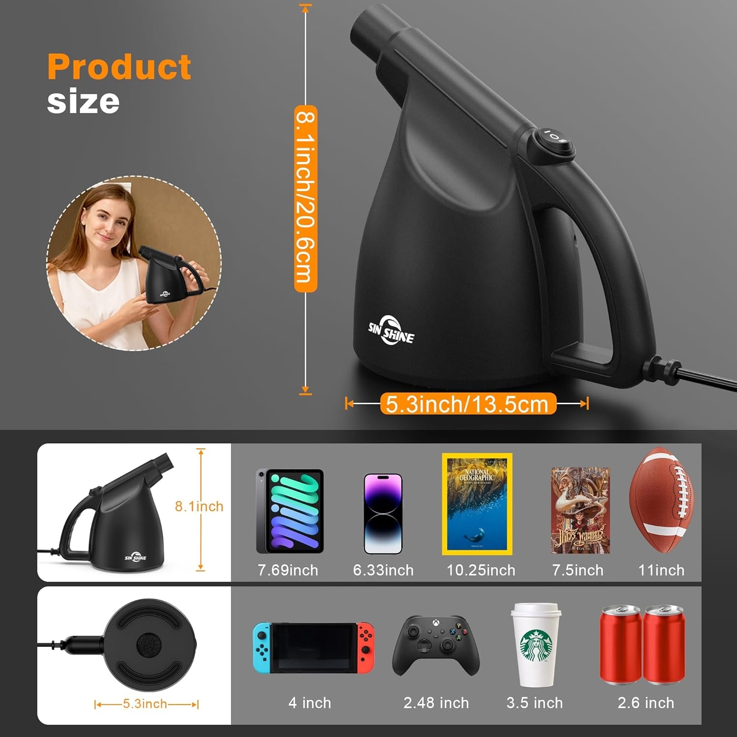 Compact black electric air duster for electronics with handle, measuring 8.1 inches tall and 5.3 inches wide