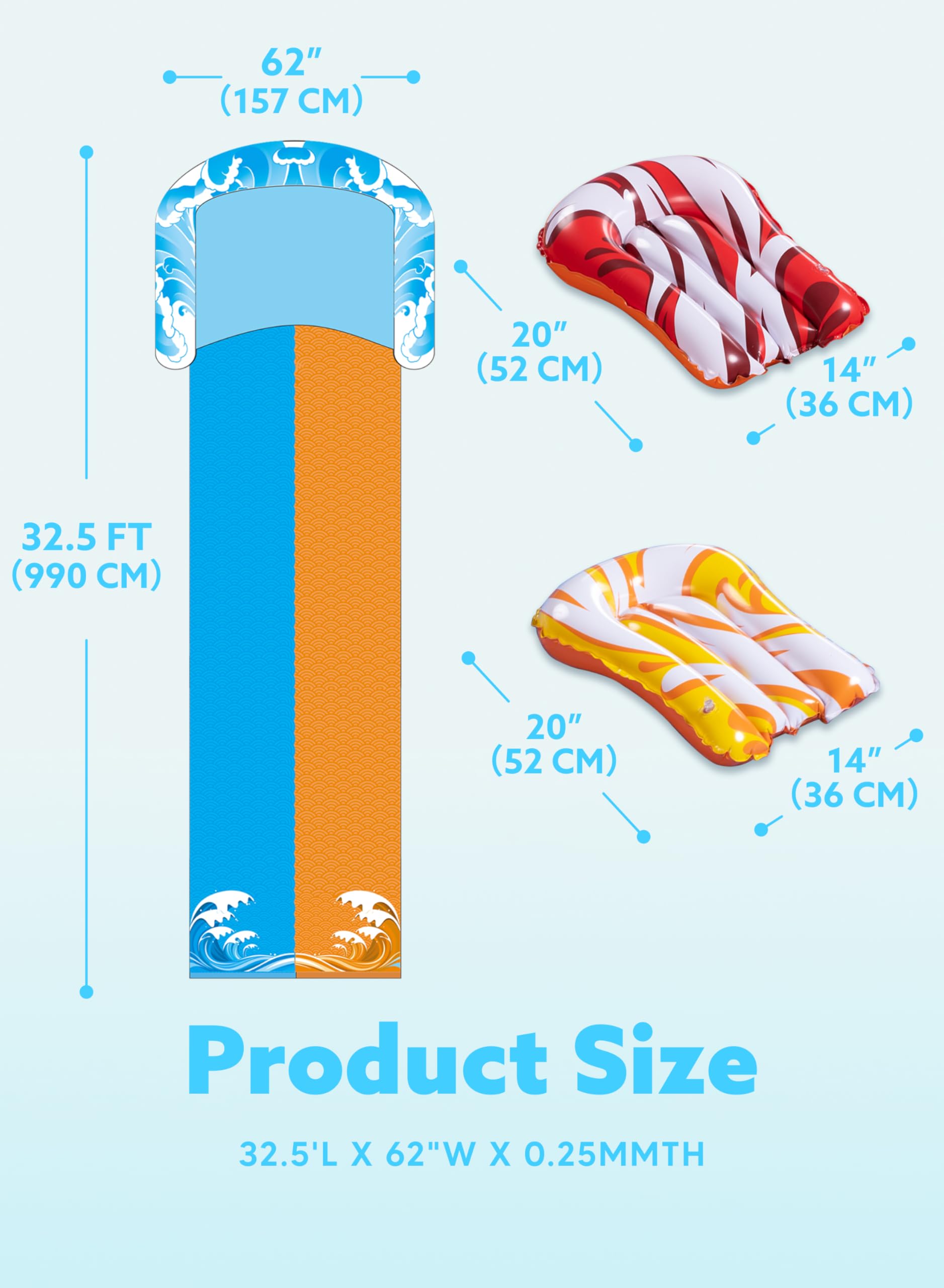 Dimensions and size details for craques backyard water slide for kids in blue and orange with inflatable red and yellow floats