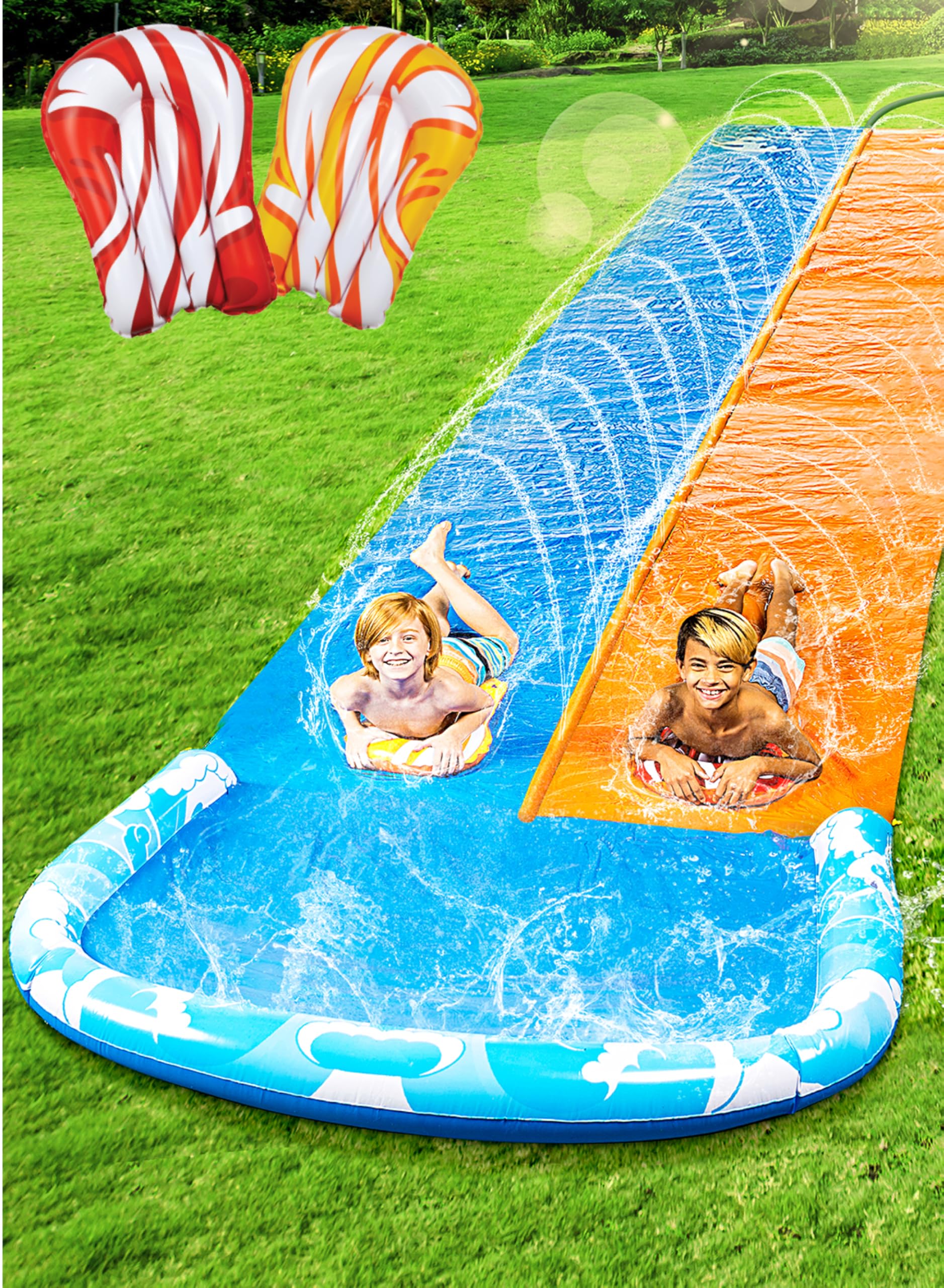 Kids sliding down a colorful backyard water slide for kids with splash pool on green grass