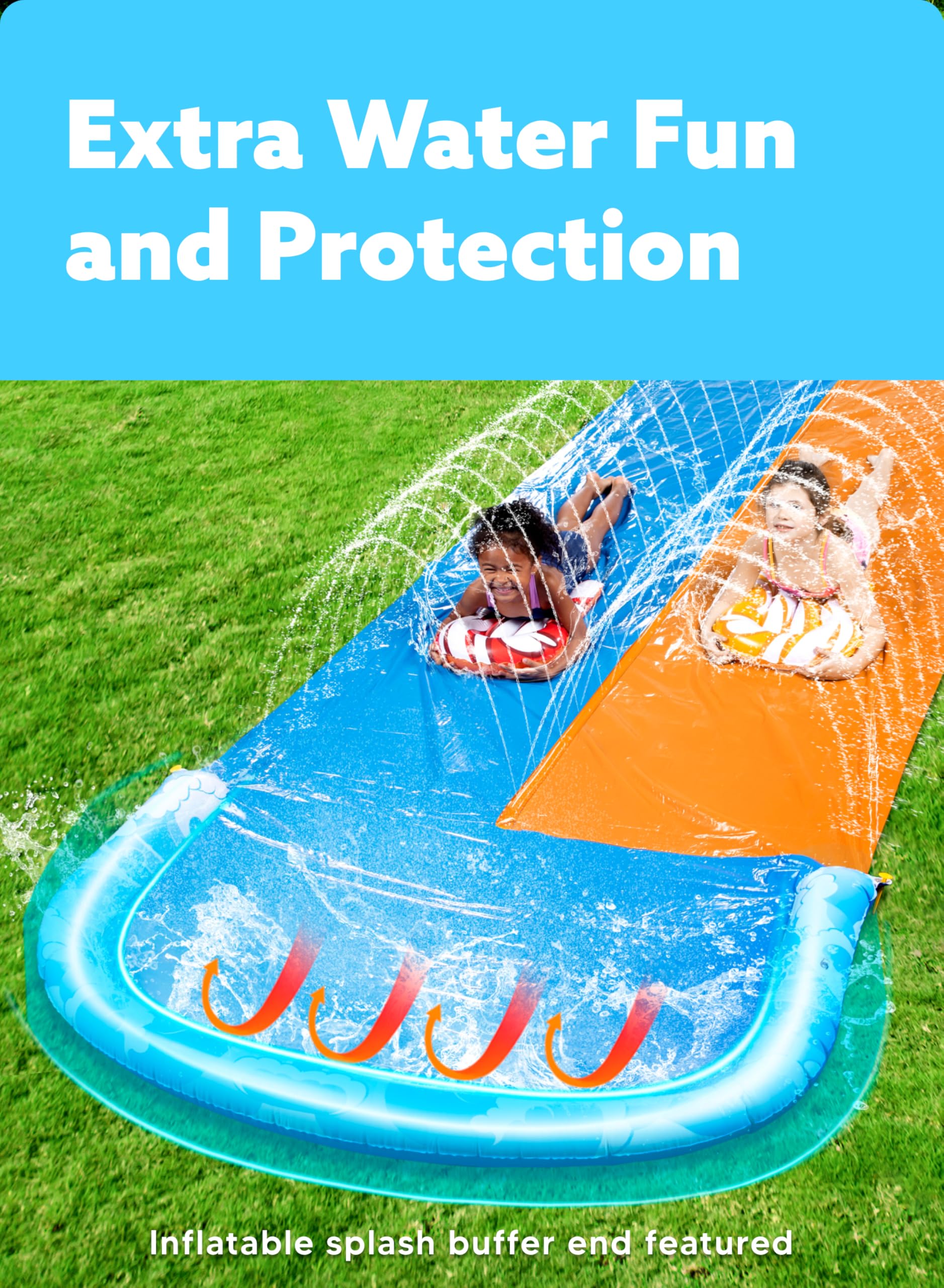 Craques backyard water slide for kids with inflatable splash buffer and water spray on a grassy lawn