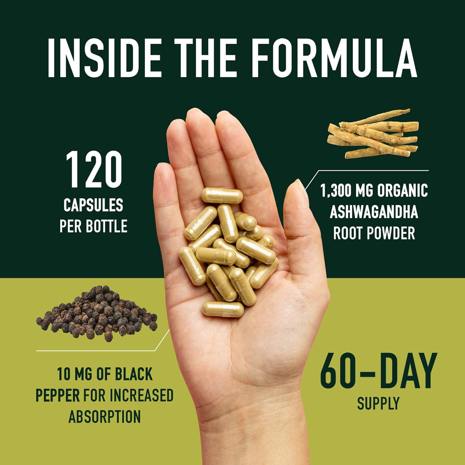 Hand holding capsules of ashwagandha supplement 1300mg with 120 capsules per bottle and black pepper for absorption