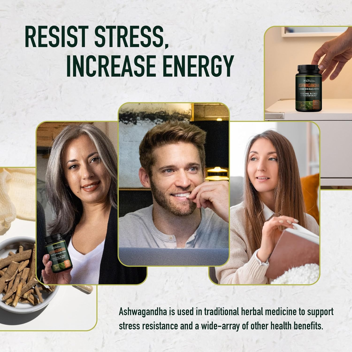 Ashwagandha supplement 1300mg by craques shown with people promoting stress resistance and increased energy