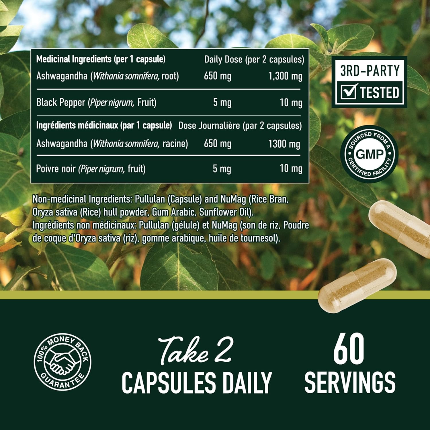 Craques ashwagandha supplement 1300mg label showing ingredients with 60 servings and 2 capsules daily