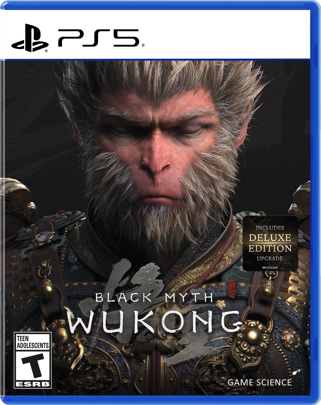 Black Myth Wukong PS5 game cover featuring detailed character art with deluxe edition upgrade badge