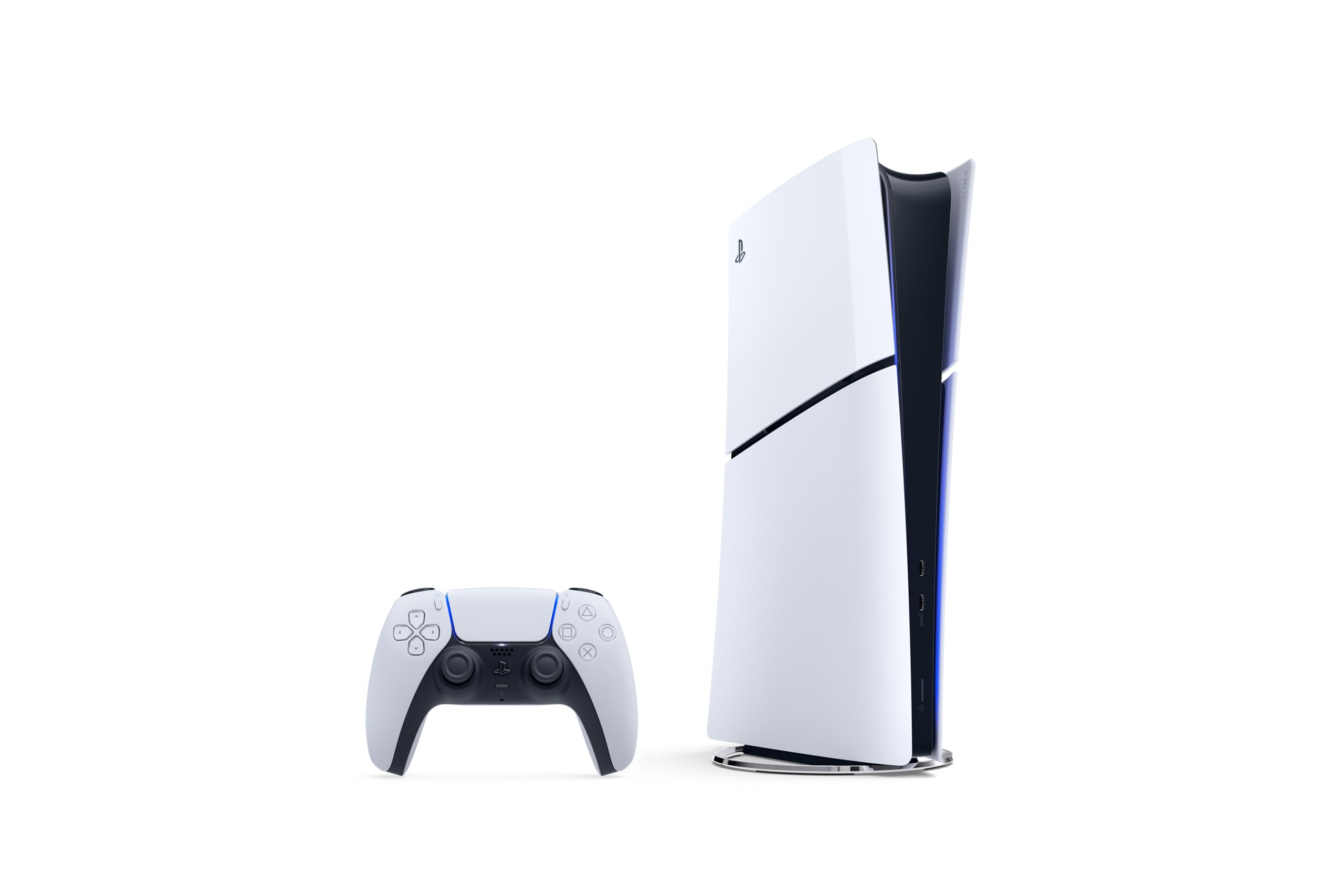 Craques PlayStation 5 Digital Edition Slim console standing next to wireless controller on white background