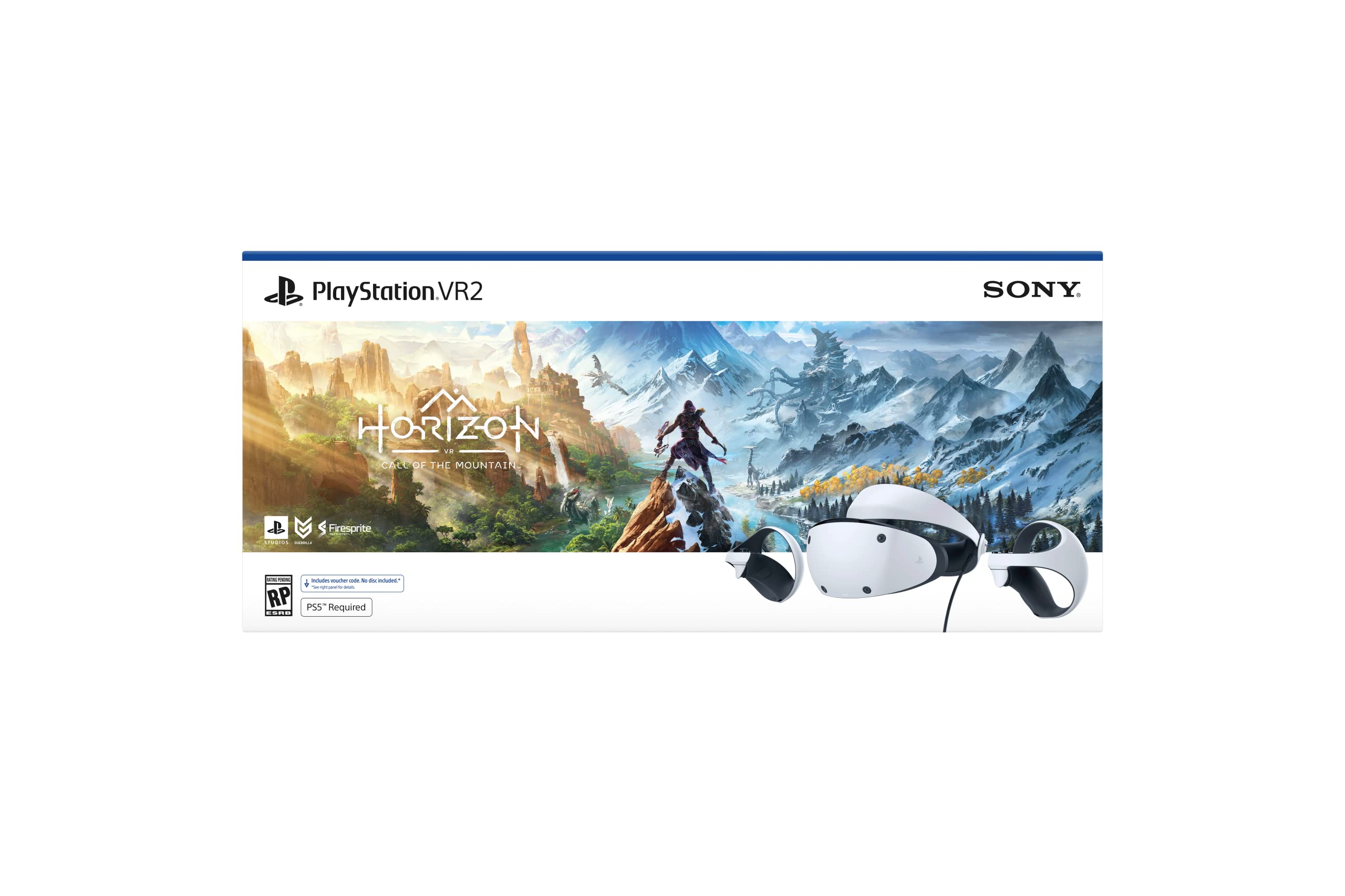 PlayStation VR2 Horizon Call of the Mountain bundle featuring VR headset and game artwork with mountain landscape