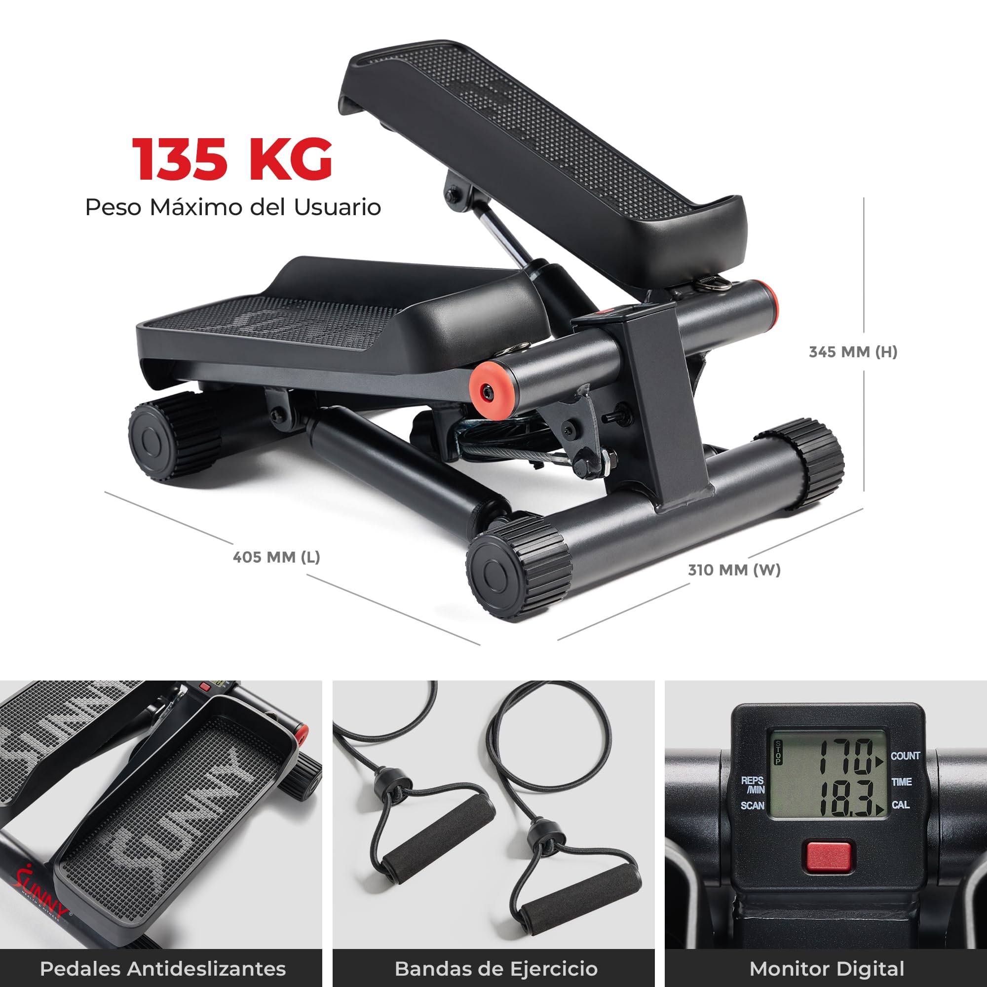 Craques mini stepper for home use with non-slip pedals resistance bands and digital monitor