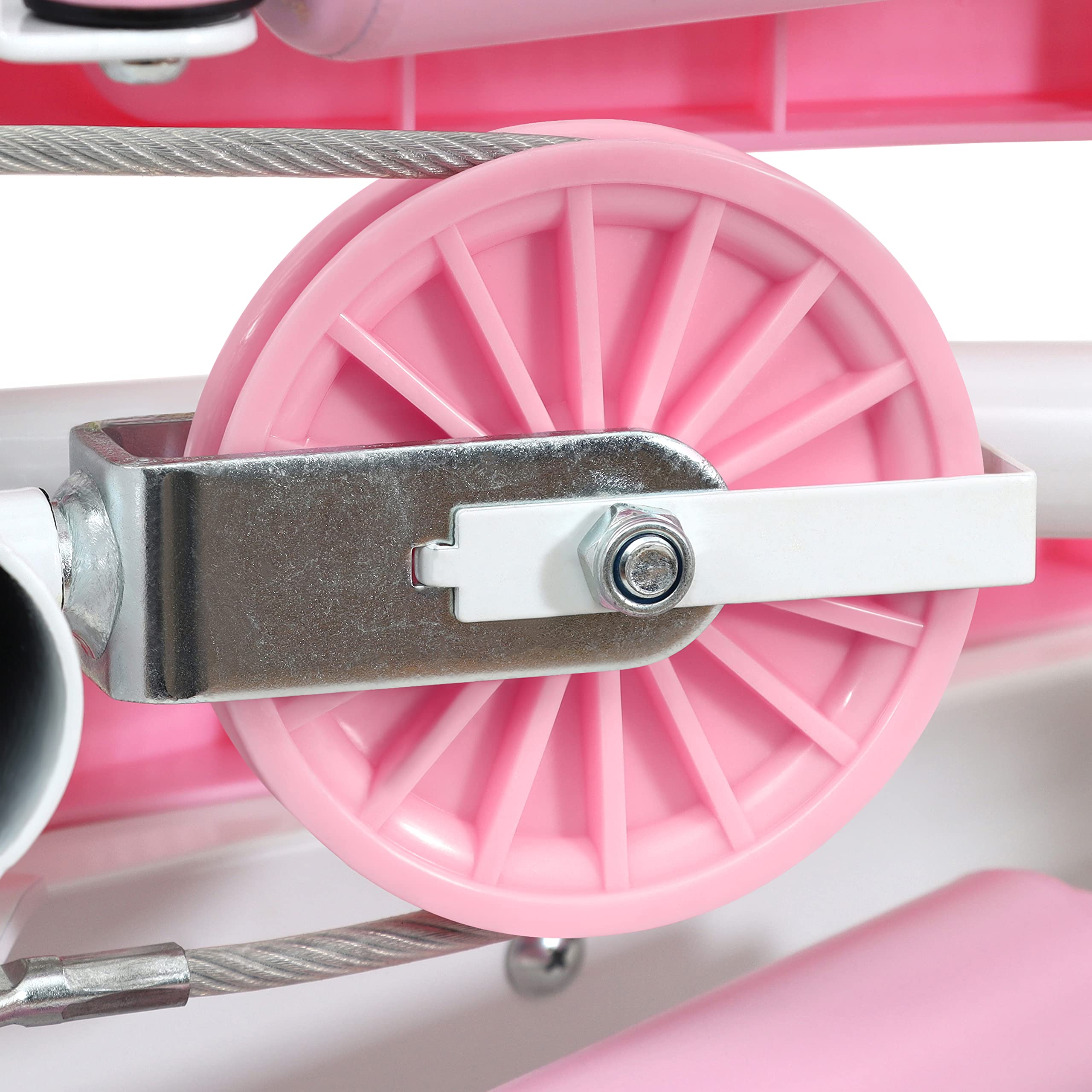 Close-up of pink wheel and metal bracket on mini stepper for home use by craques