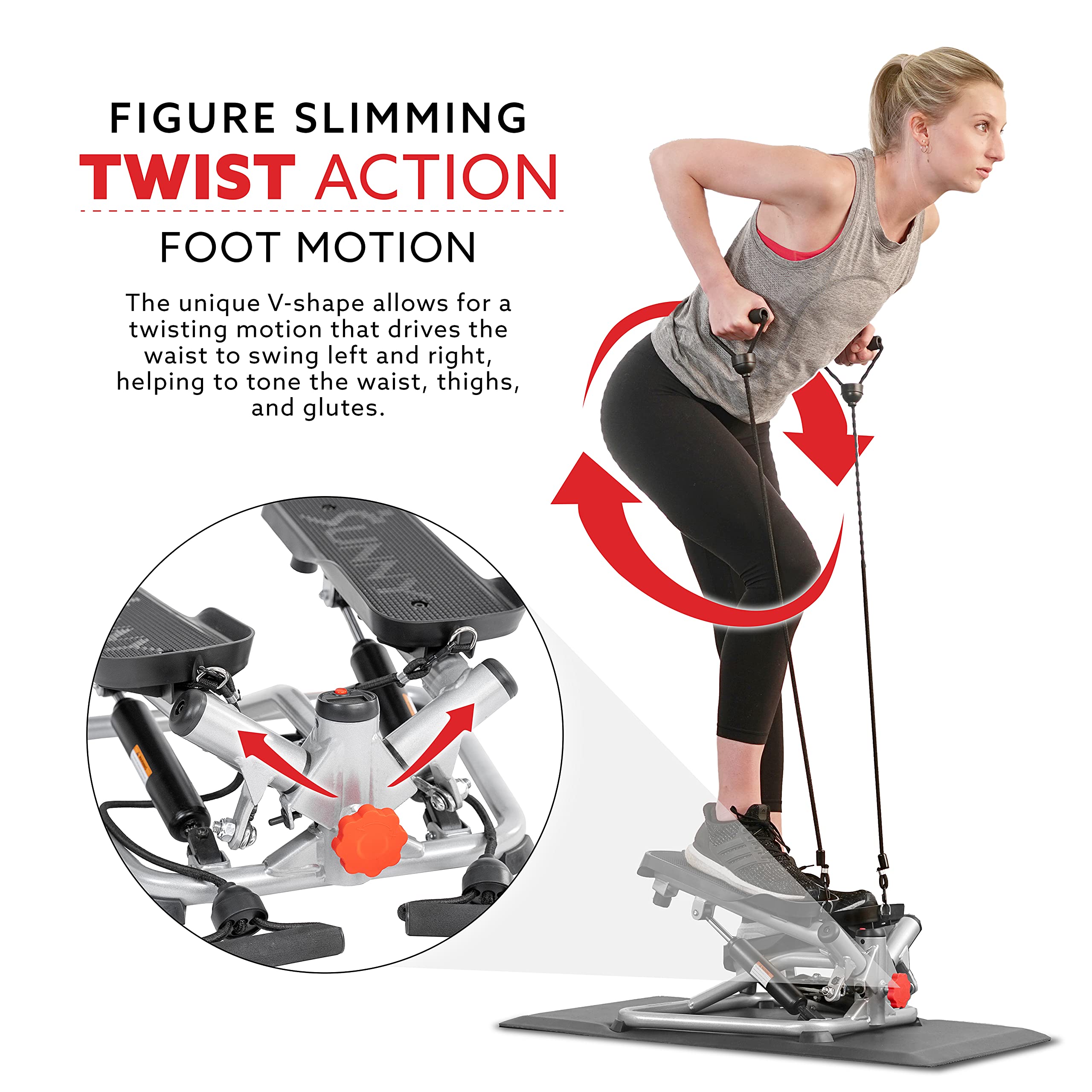 Woman using craques mini stepper for home use with twist action and foot motion for slimming waist and toning muscles