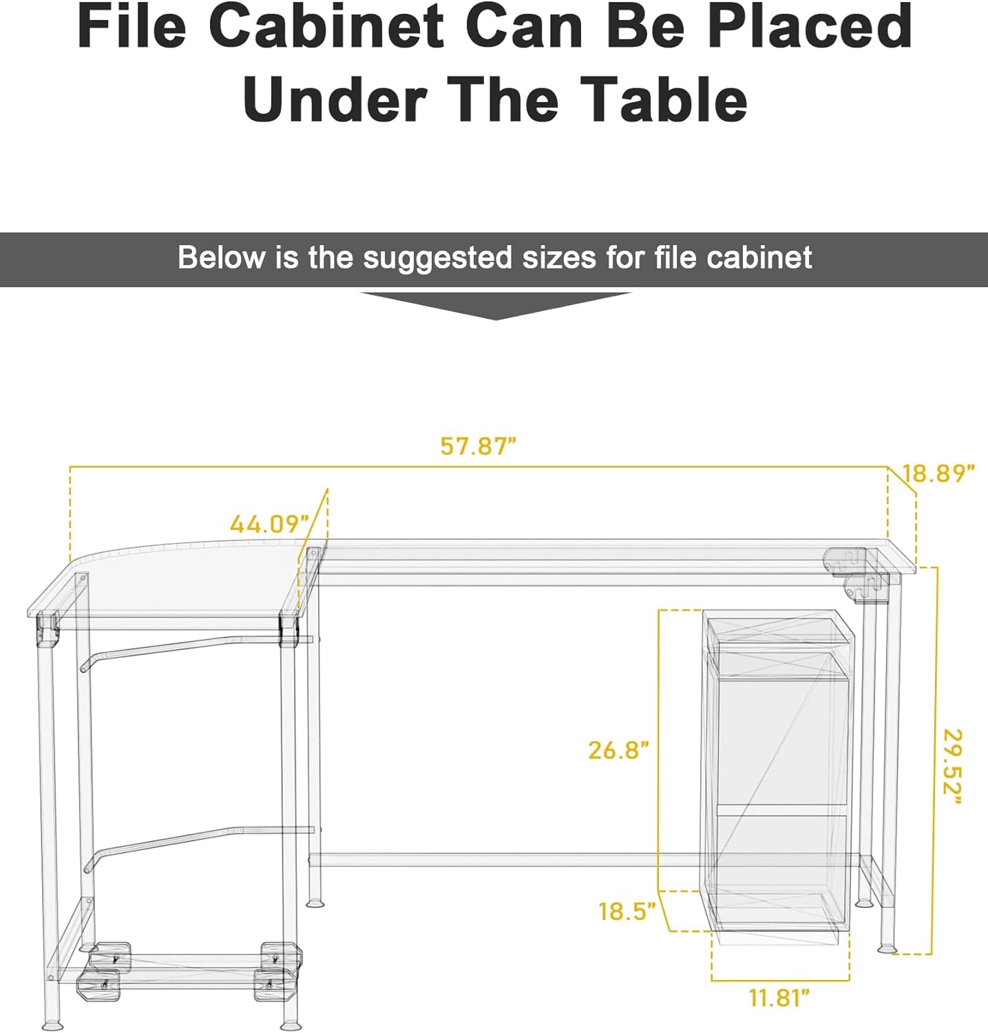 Diagram showing dimensions and placement of file cabinet under modern l shaped desk for home office