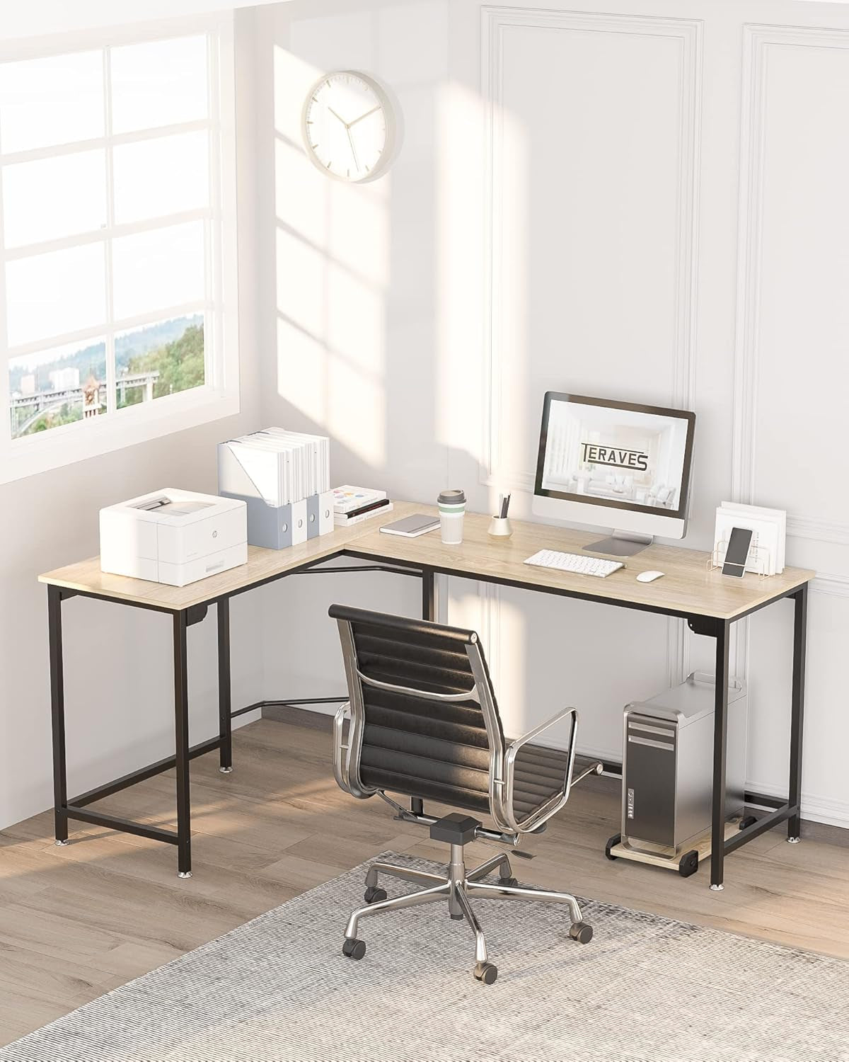 Craques modern l shaped desk for home office with black metal frame and light wood top in bright room