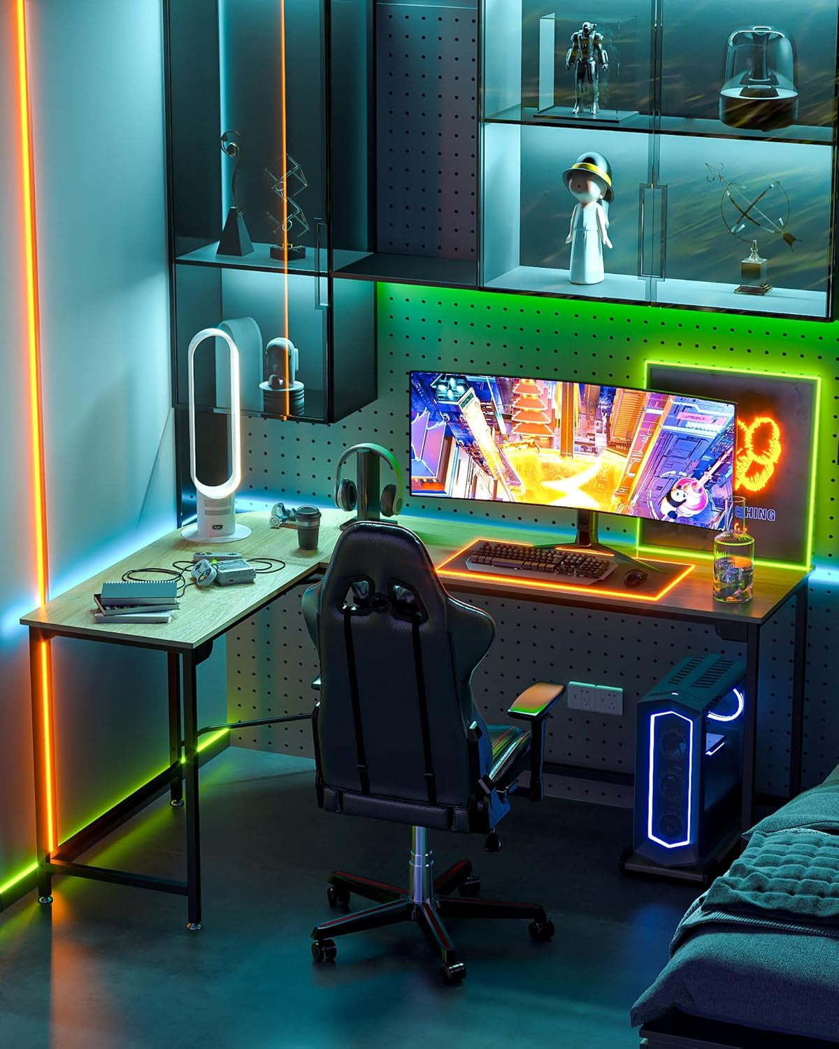 Craques modern l shaped desk for home office with LED lighting setup and gaming chair
