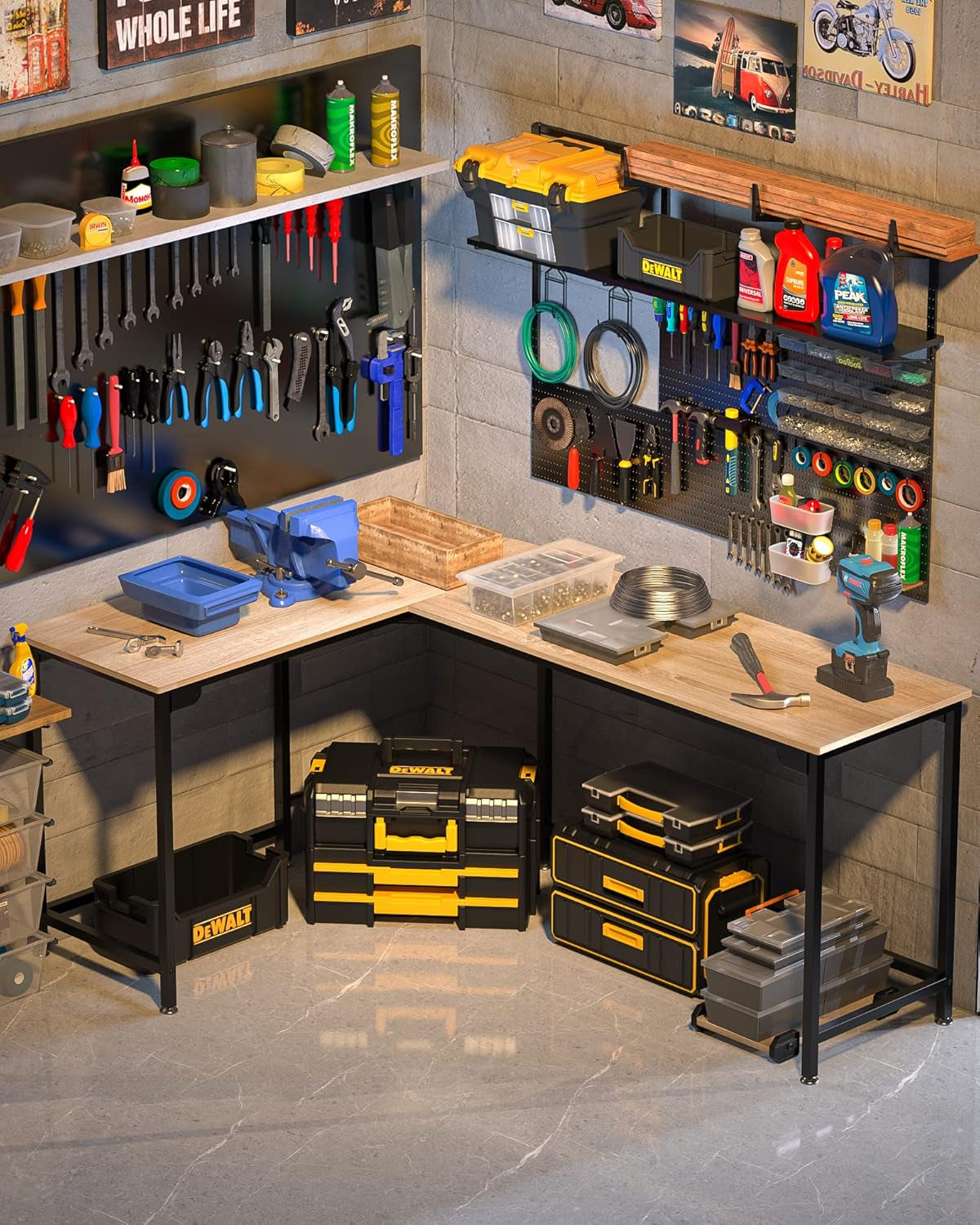 Modern l shaped desk for home office setup with tools and storage in a garage workspace