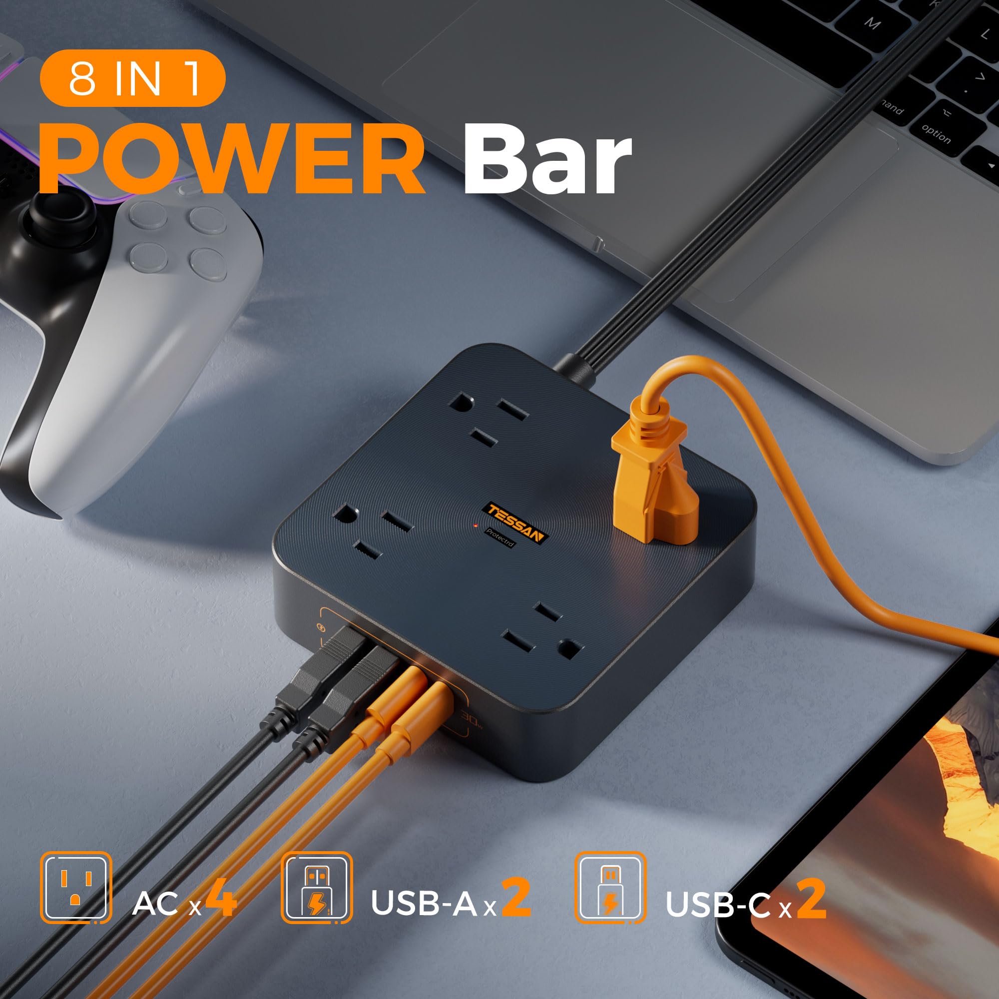 craques flat plug extension cord 5 feet powering devices with 8 in 1 power bar including USB ports