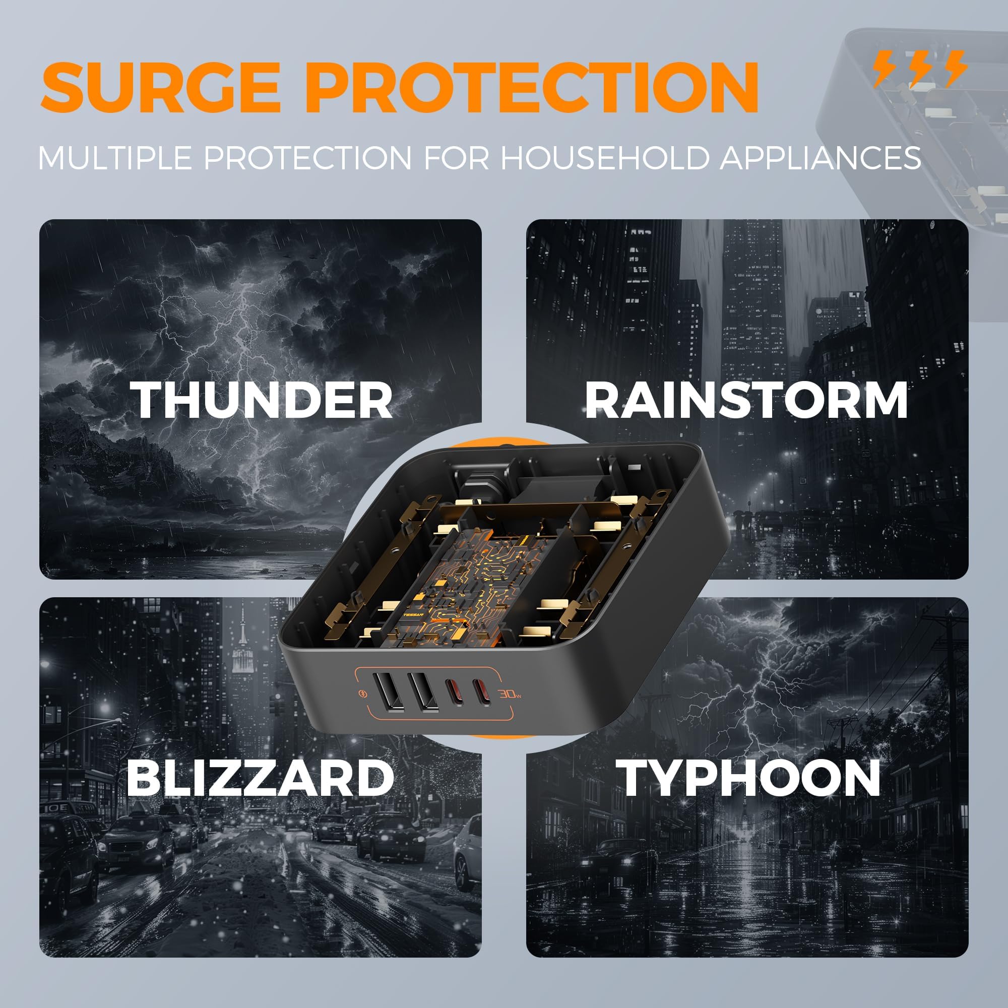 craques flat plug extension cord 5 feet with surge protection against thunder rainstorm blizzard and typhoon