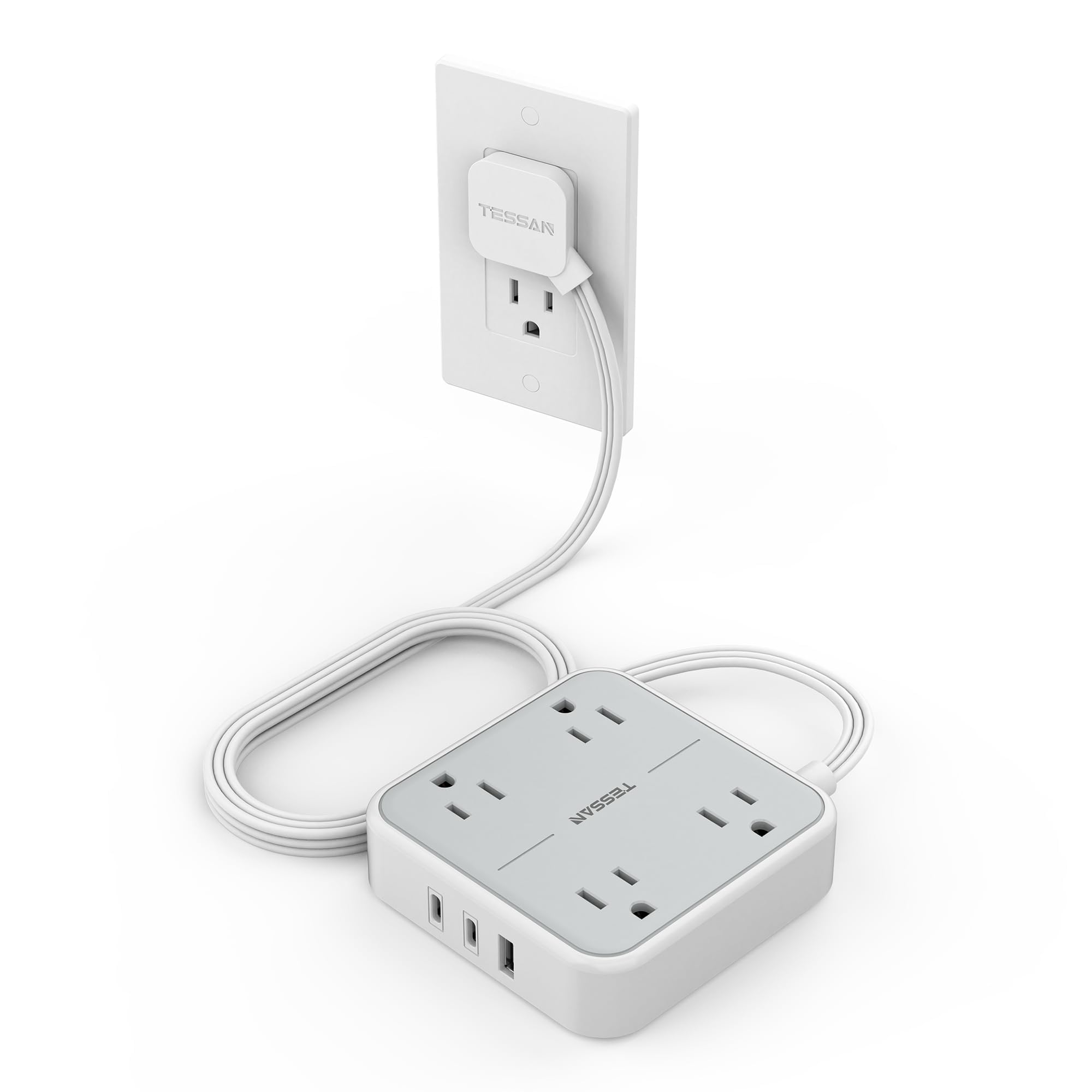 Craques flat plug extension cord 5 feet with multiple outlets and USB ports in white