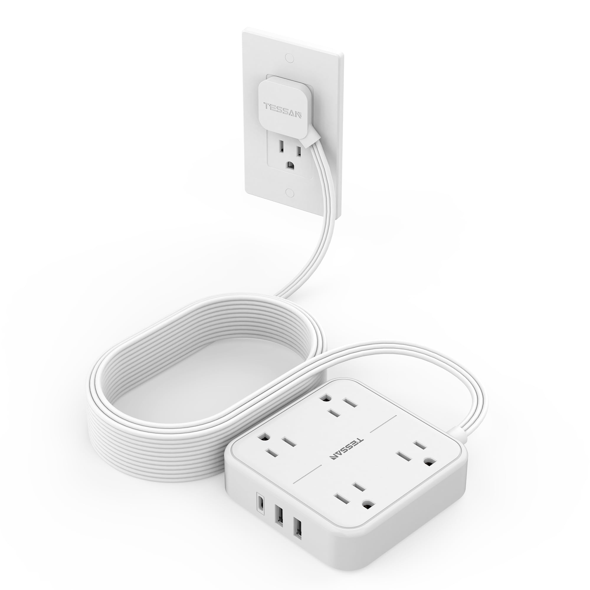 Craques flat plug extension cord 5 feet with four outlet power strip and three USB ports in white