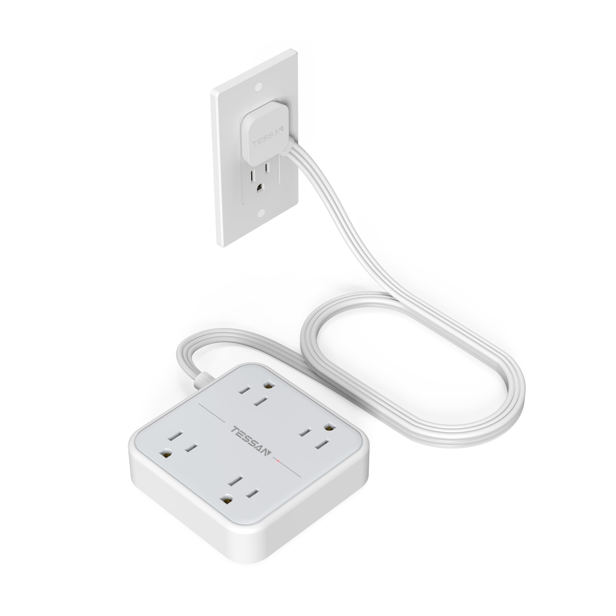 Craques flat plug extension cord 5 feet connected to a wall outlet with a power strip featuring multiple outlets