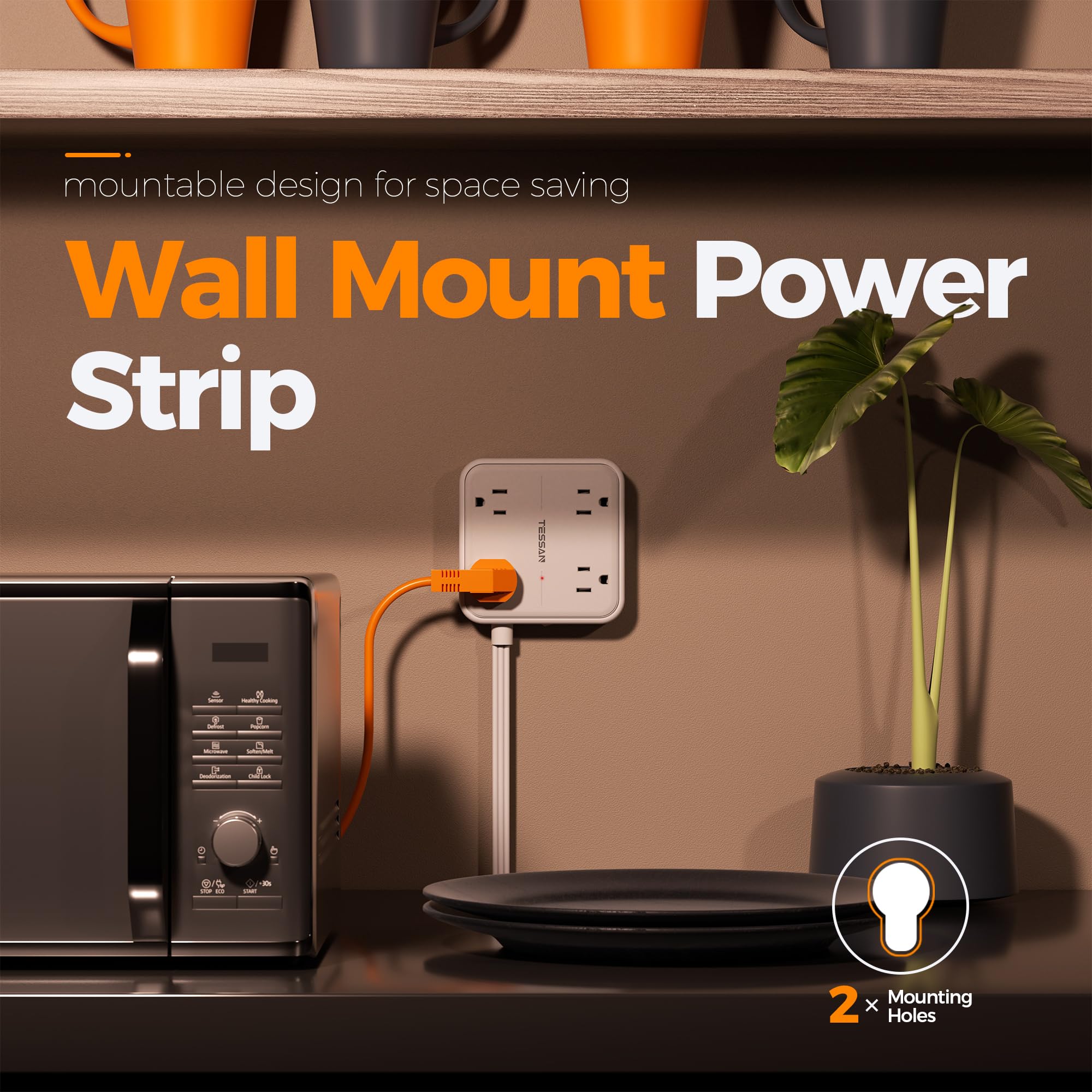 Craques flat plug extension cord 5 feet connected to wall mount power strip in kitchen setting