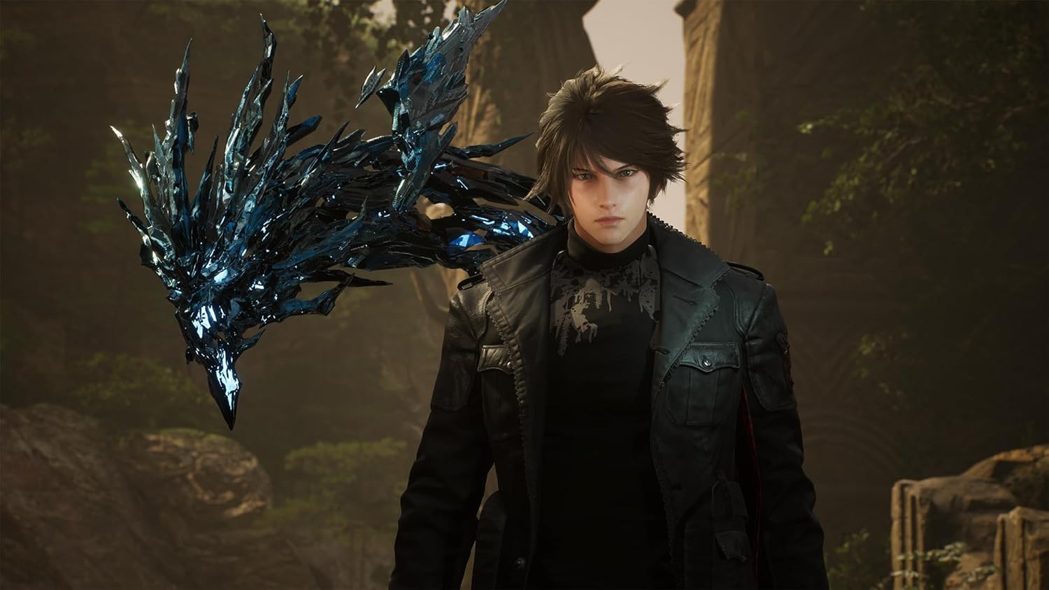 Lost Soul Aside PS5 character wearing black jacket with glowing dark dragon in a forest setting