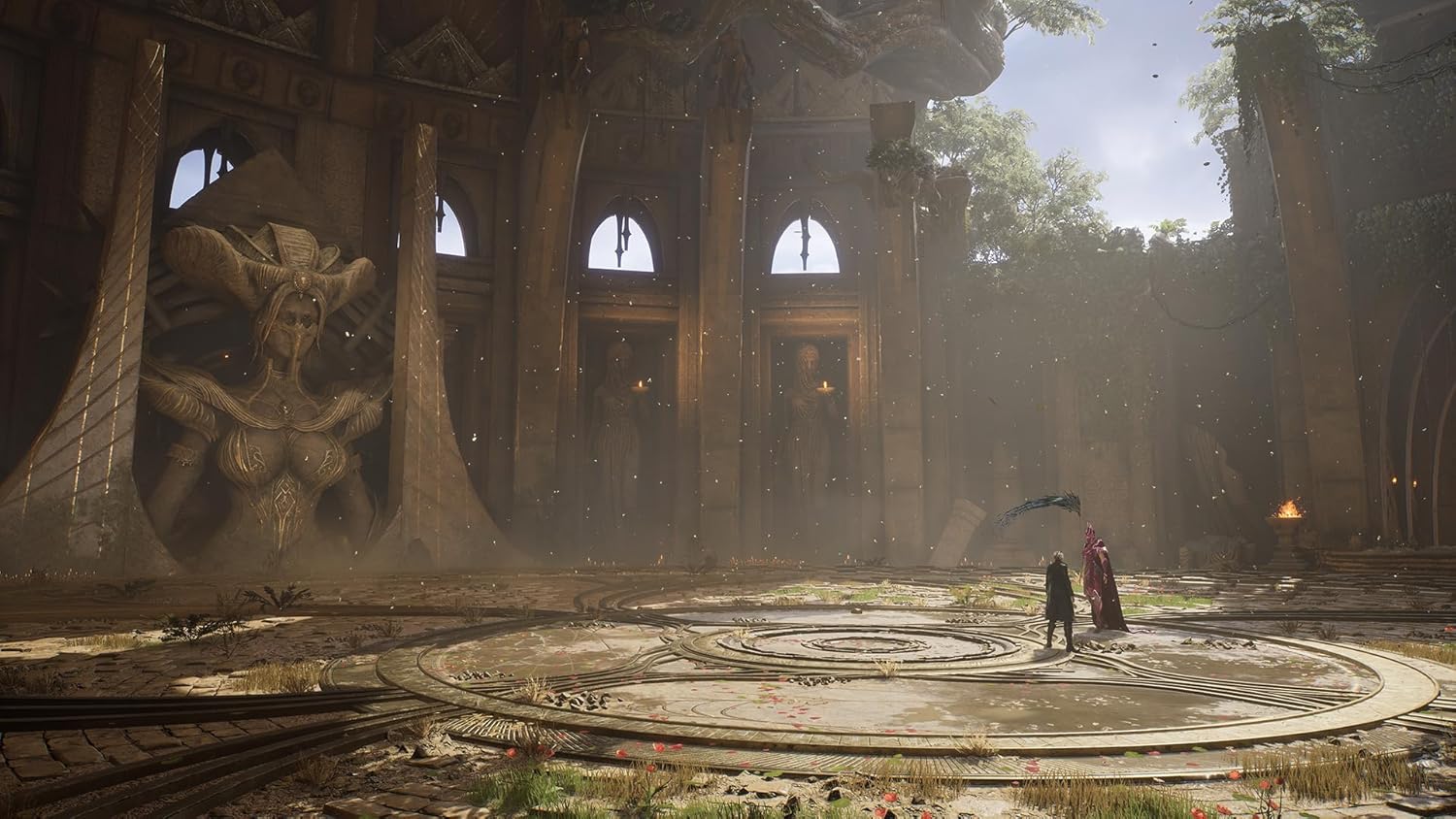 Lost Soul Aside PS5 game scene showing two characters in a mystical ancient temple with statues and sunlight