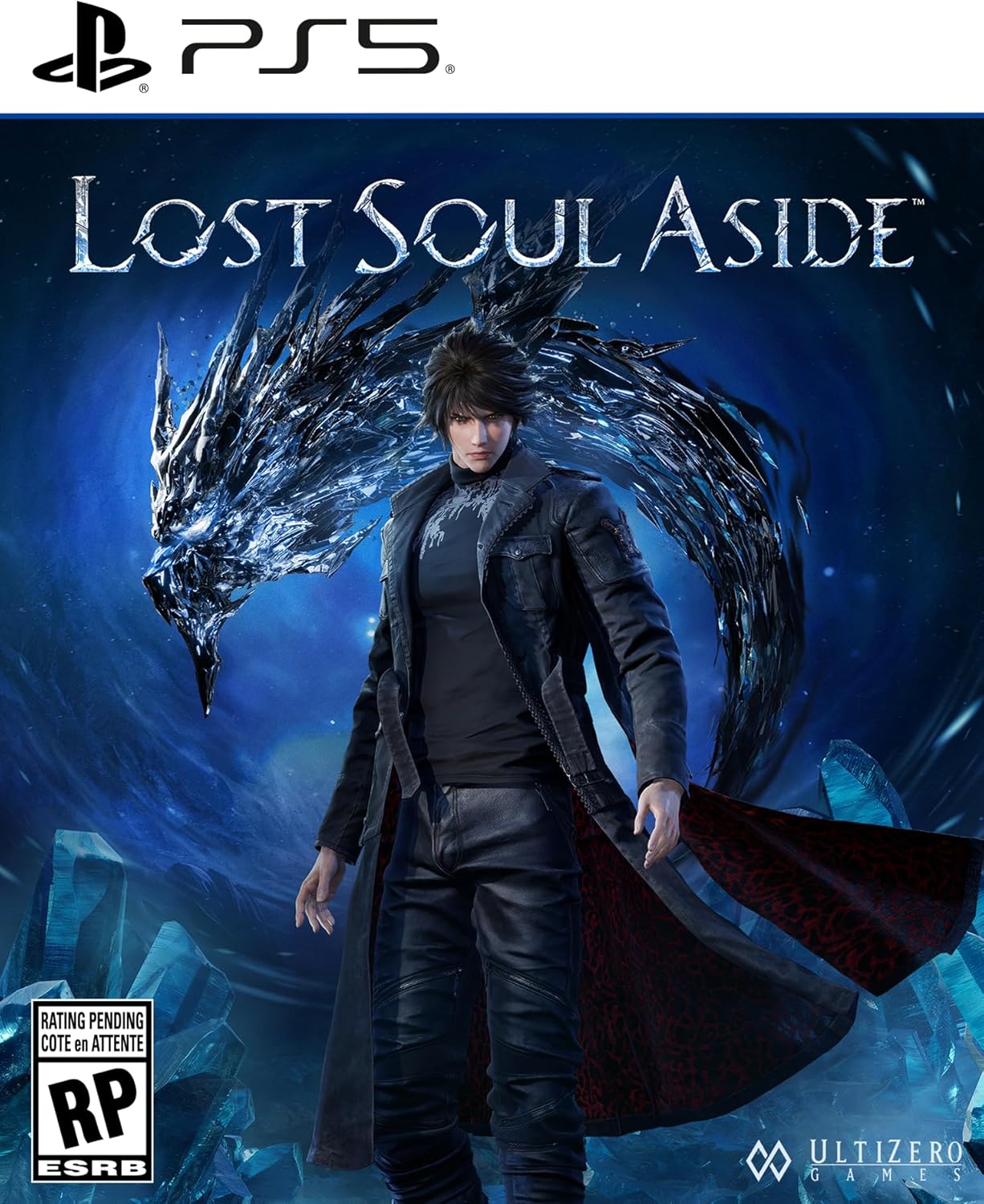 Lost Soul Aside PS5 game cover featuring a character with a dark coat and a dragon figure in the background