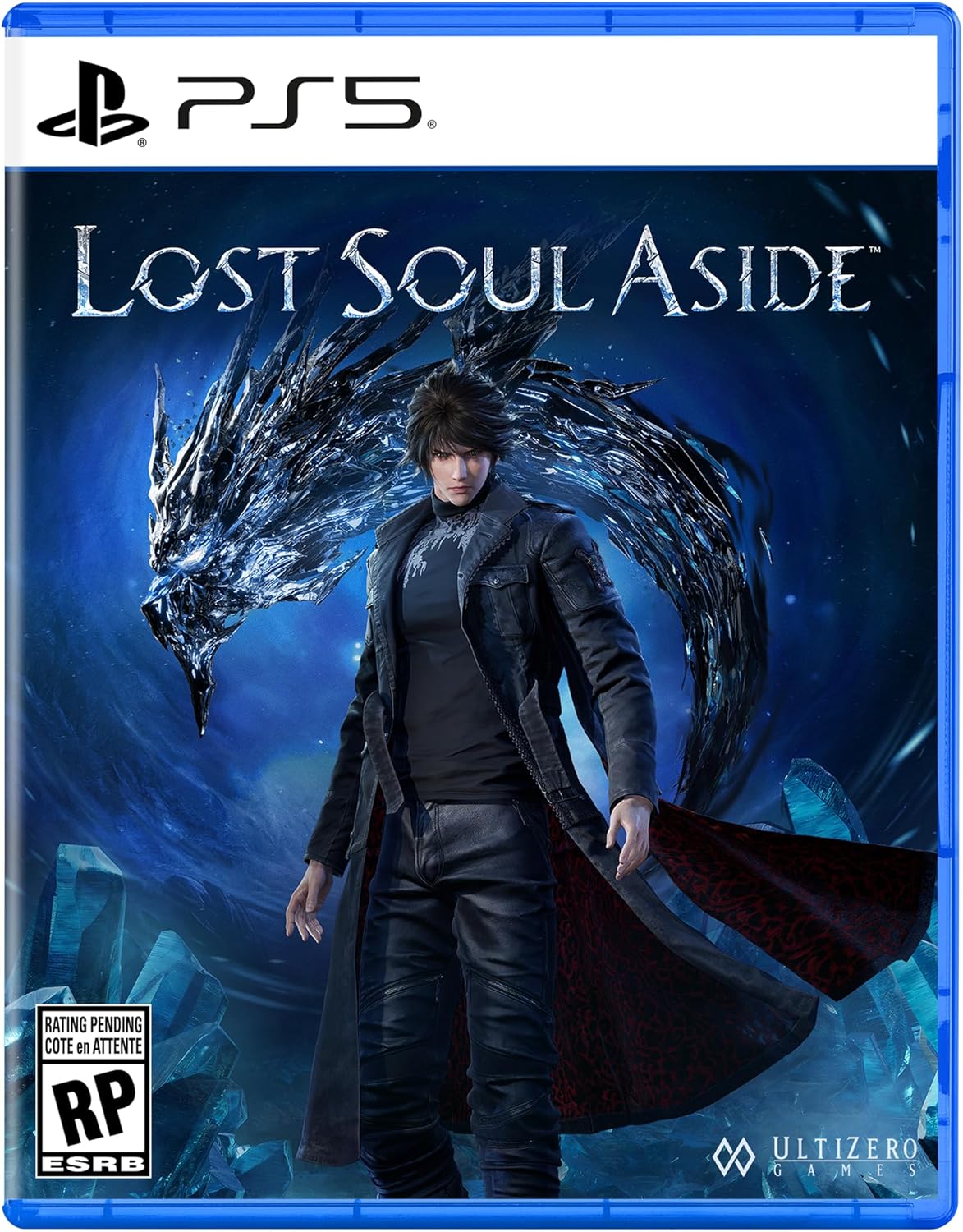 Lost Soul Aside PS5 game cover featuring a male character and a dragon on a dark blue background
