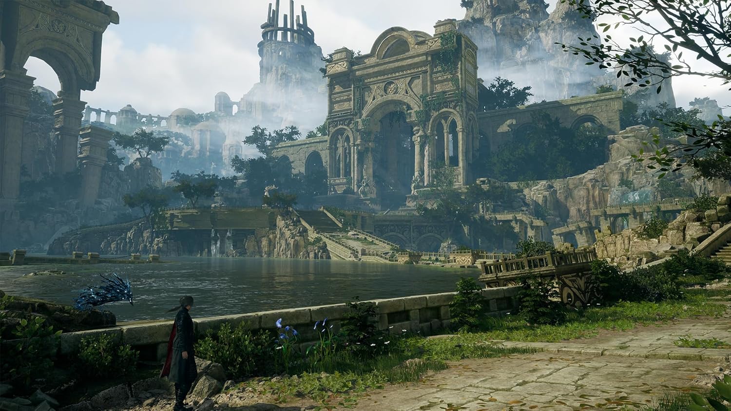 Scenic ancient ruins with water and greenery from Lost Soul Aside PS5 game environment