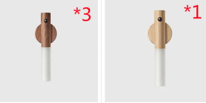 Craques USB rechargeable LED lamp in two wood finishes shown side by side for wall lighting