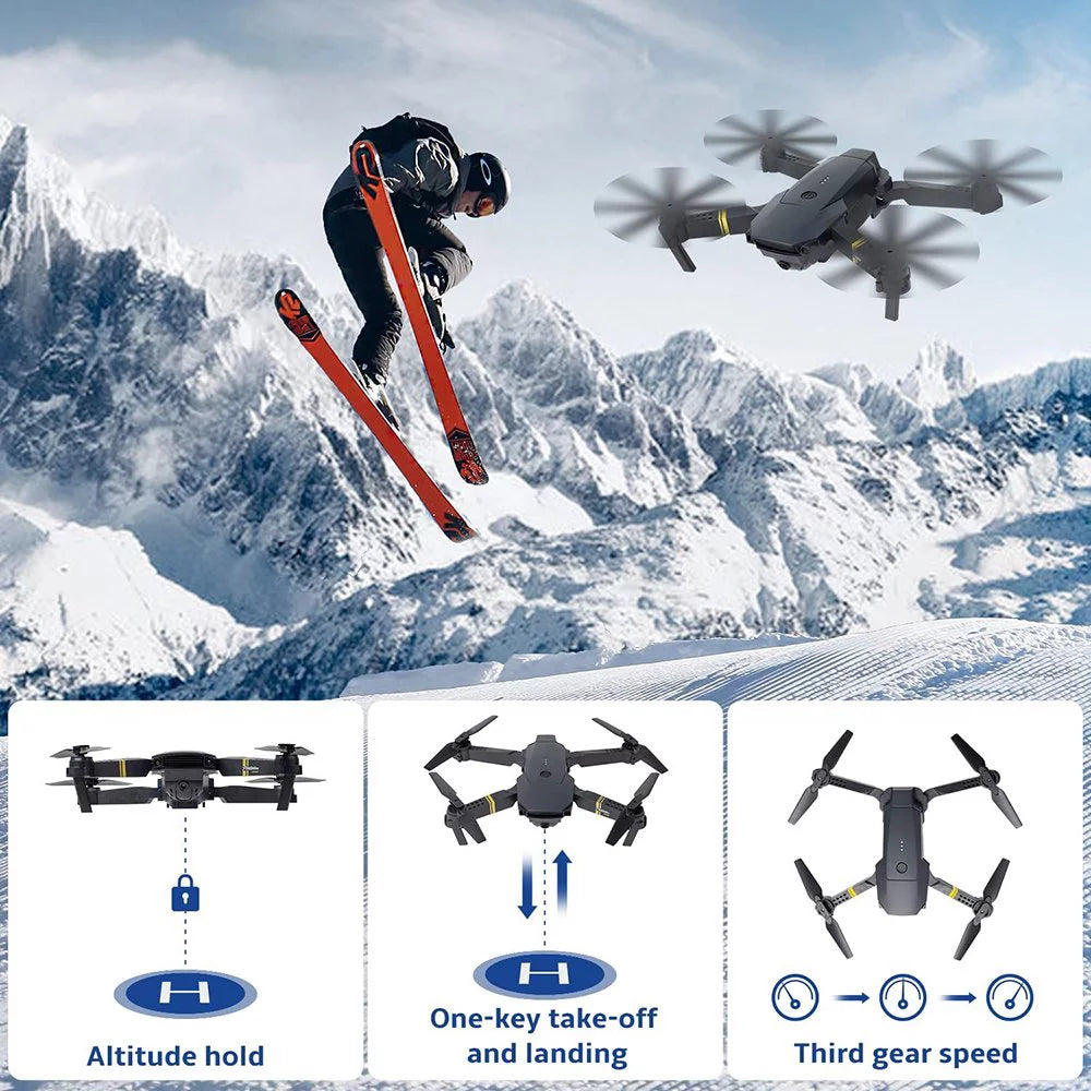 Craques 4K camera drone for adults flying over snowy mountains with altitude hold and one-key take-off features