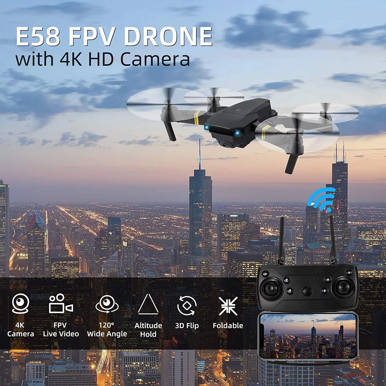 E58 FPV drone with 4K HD camera flying over city skyline featuring 4K camera drone for adults