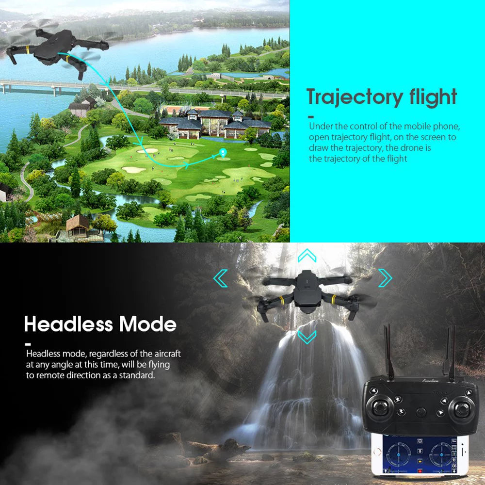 4K camera drone for adults flying over landscape showing trajectory flight and headless mode with remote controller