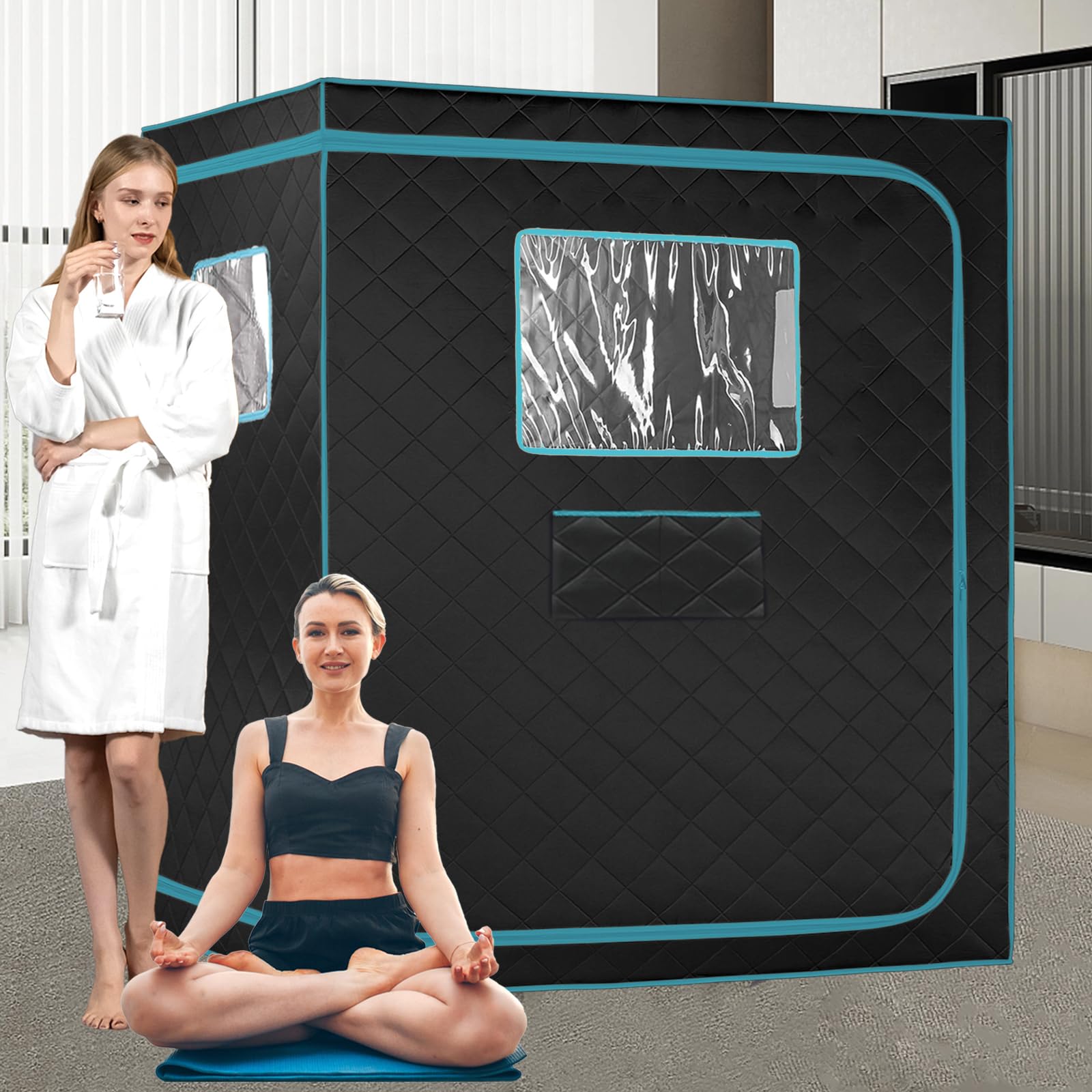 Craques full size steam sauna tent in black with blue trim and clear window panels