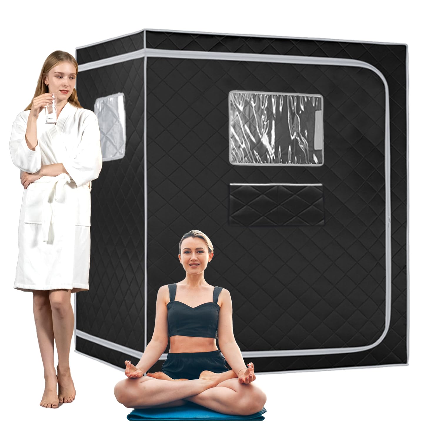 Craques full size steam sauna tent in black with two women, one meditating and one in a white robe